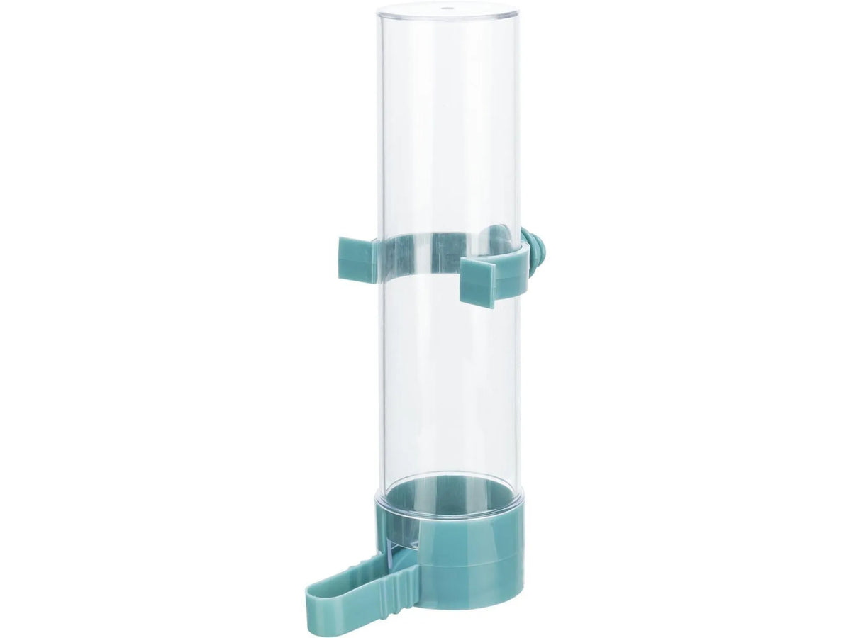 Klar plast vannautomat for burfugl, 130ml, med turkis base og festeklips.