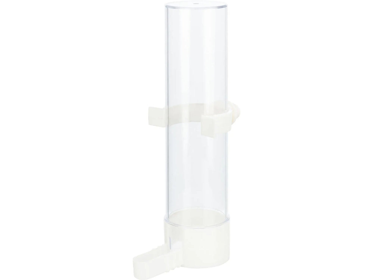 Klar plast vannautomat for burfugl, 130ml, med hvit base og festeklips.
