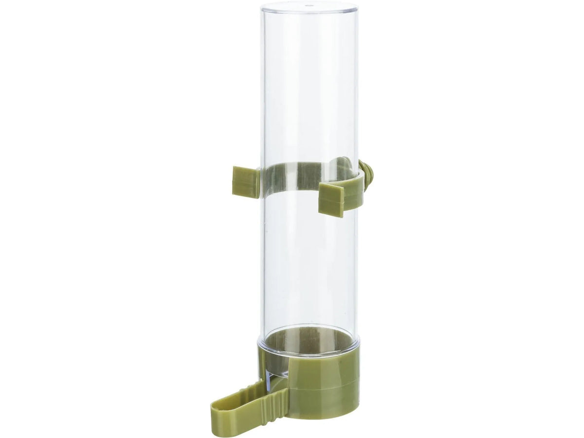 Klar plast vannautomat for burfugl med olivengrønn base og feste, 130ml kapasitet.