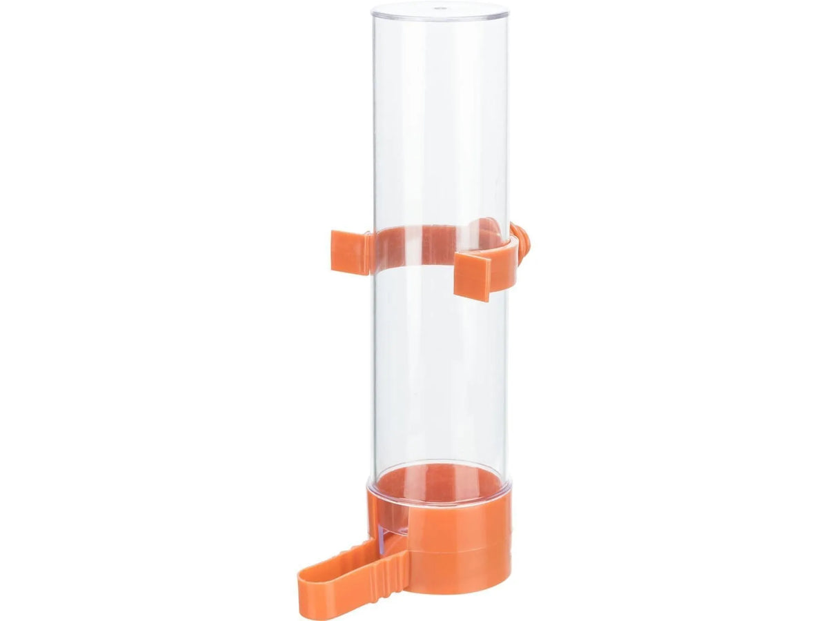 Klar plast vannautomat for burfugl, 130ml, med oransje feste og drikketut.