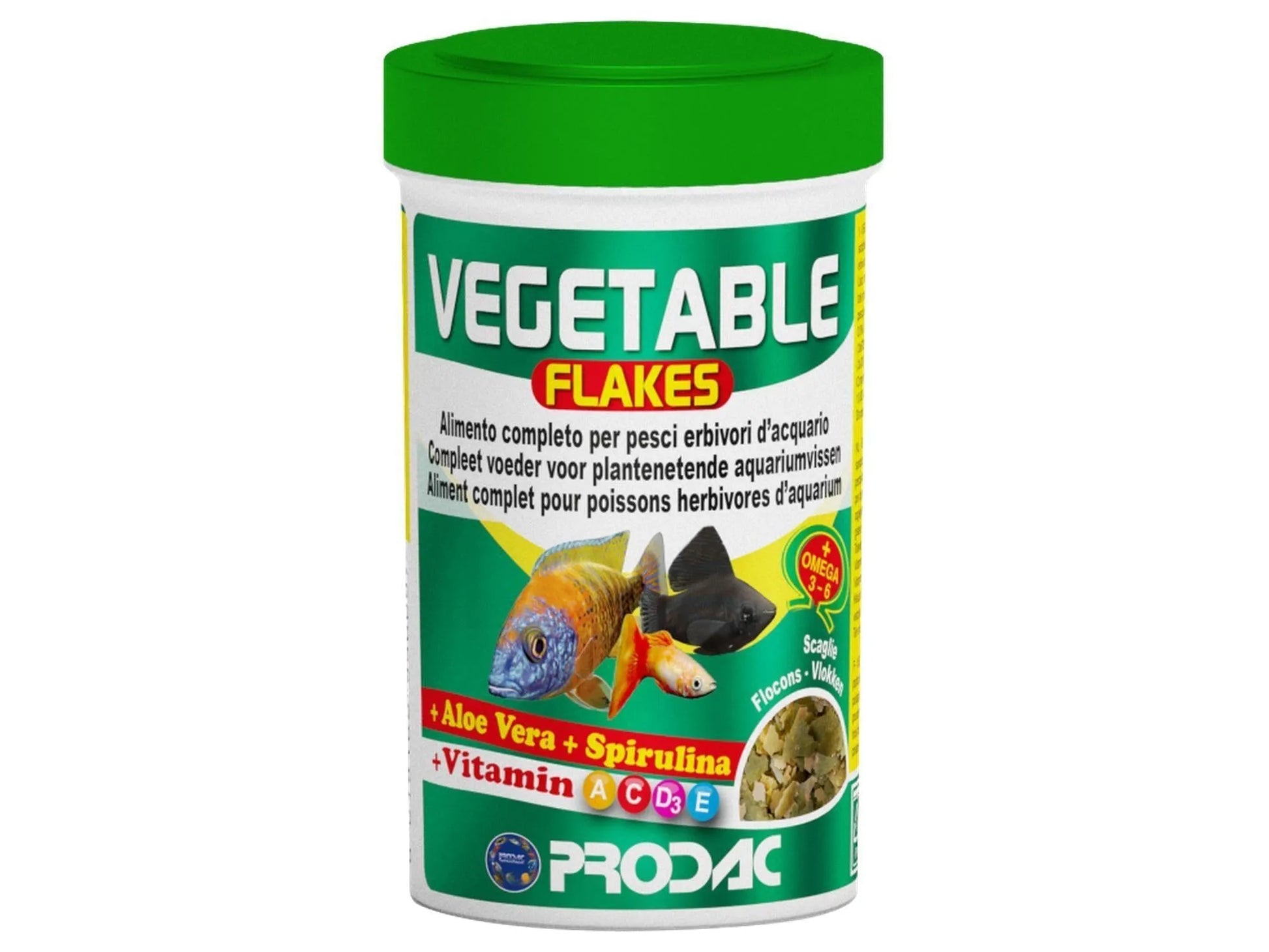 Prodac Vegetable Flakes fiskefôr i hvit beholder med grønt lokk, viser tropiske fisker og flak.