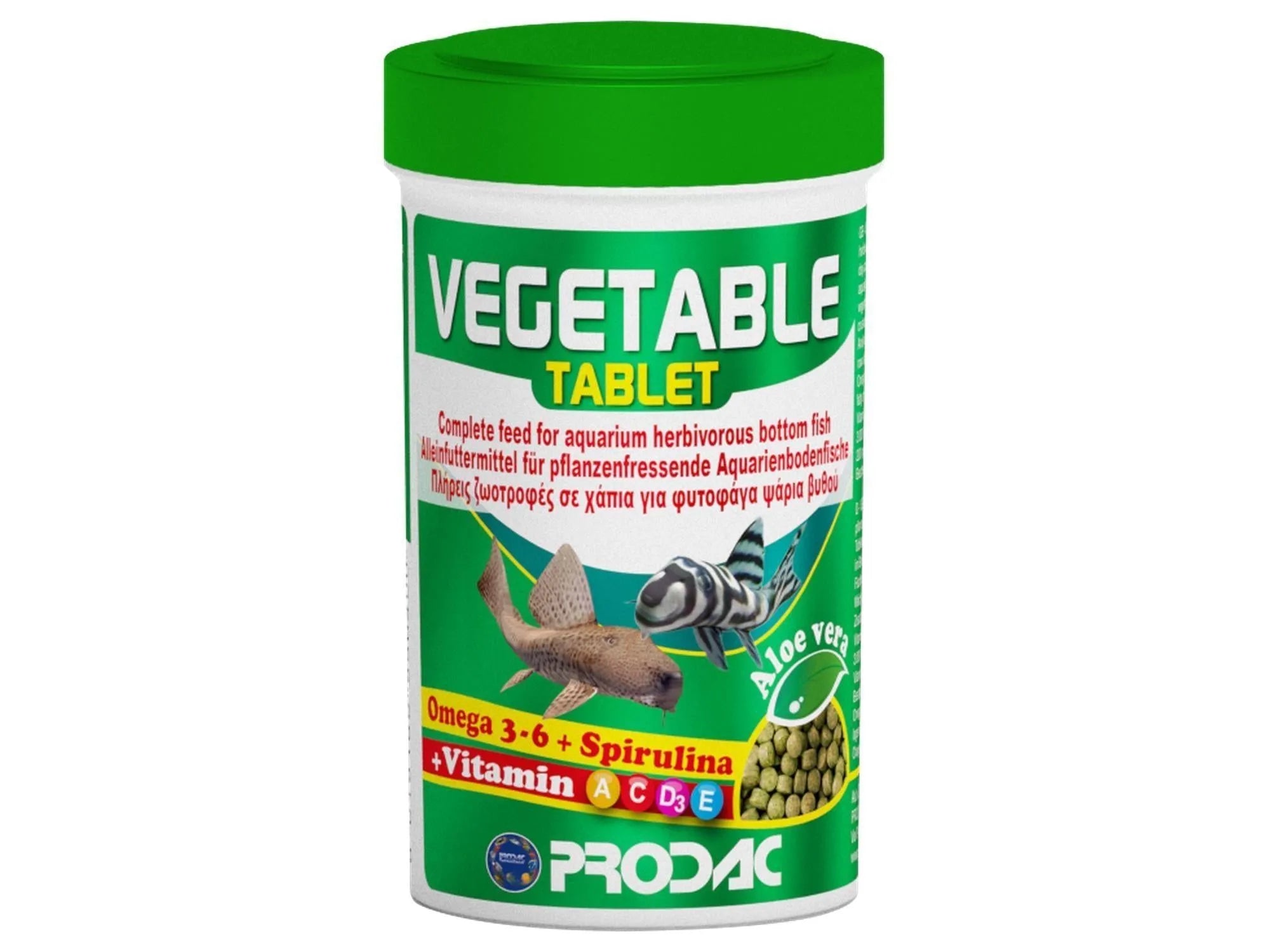 White and green Prodac Vegetable Tablet fish food container with fish illustration and "Omega 3-6 + Spirulina + Vitamin A C D3 E" label.