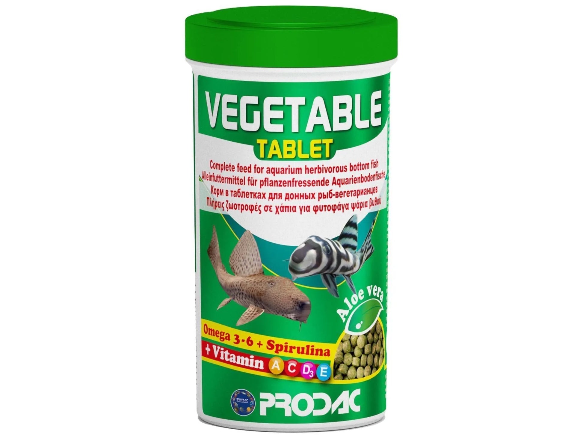 Prodac Vegetable Tablet fish food in a white container with green lid, featuring two fish and "Aloe Vera" label.