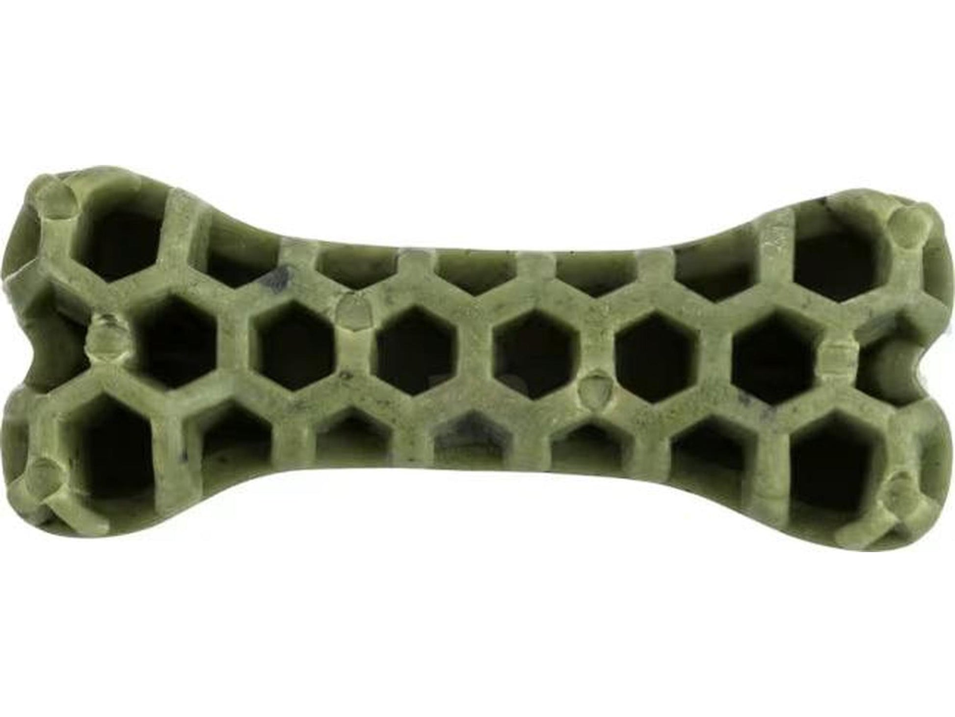 Grønt vegansk tyggebein til hund, 12 cm, med honey comb-mønster og benform.