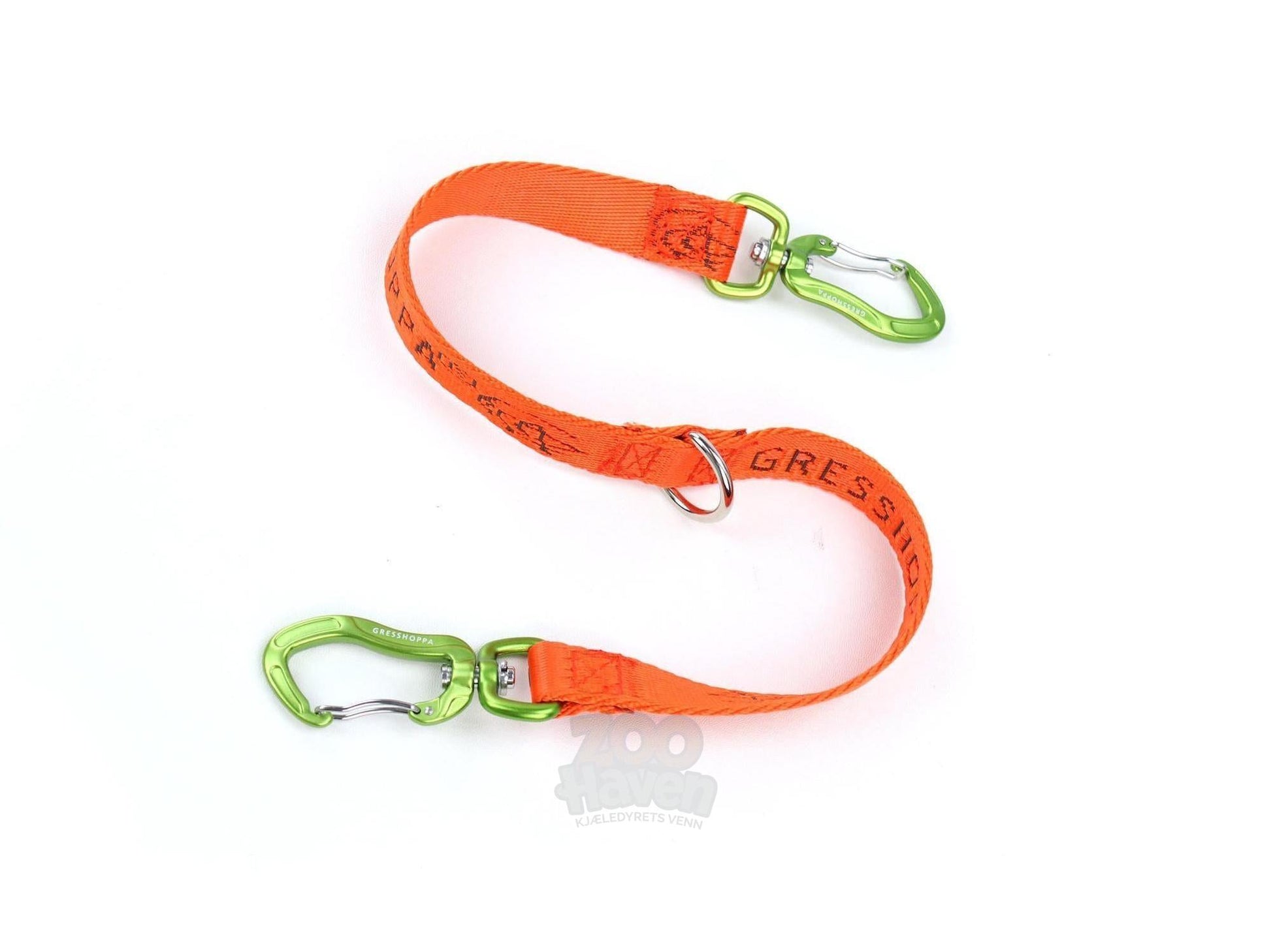 Oransje Verdal hanefot 20mm x 20cm med grønne karabinkroker og D-ring.