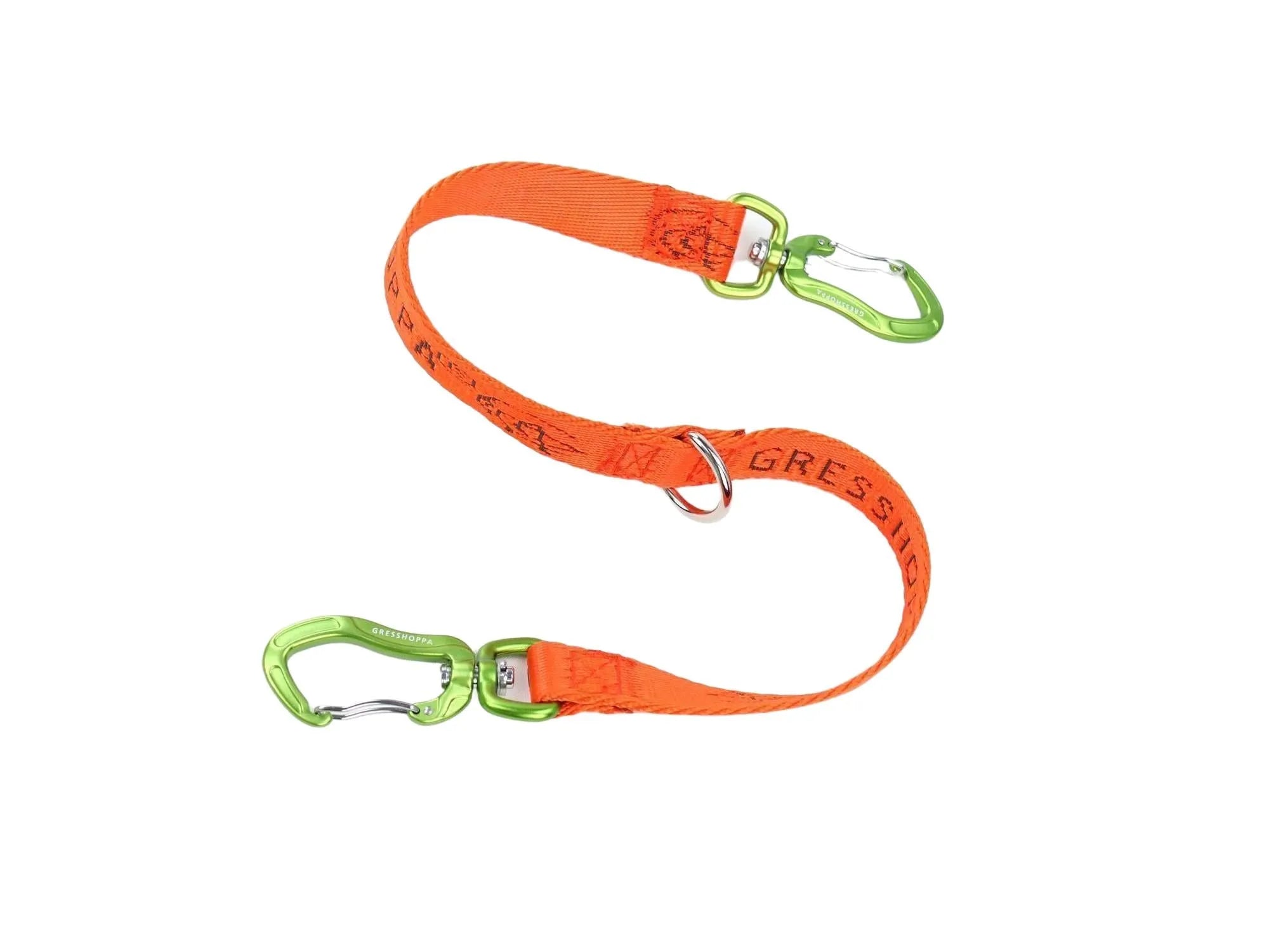 Oransje Verdal hanefot 20mm x 20cm med grønne karabinkroker og D-ring.