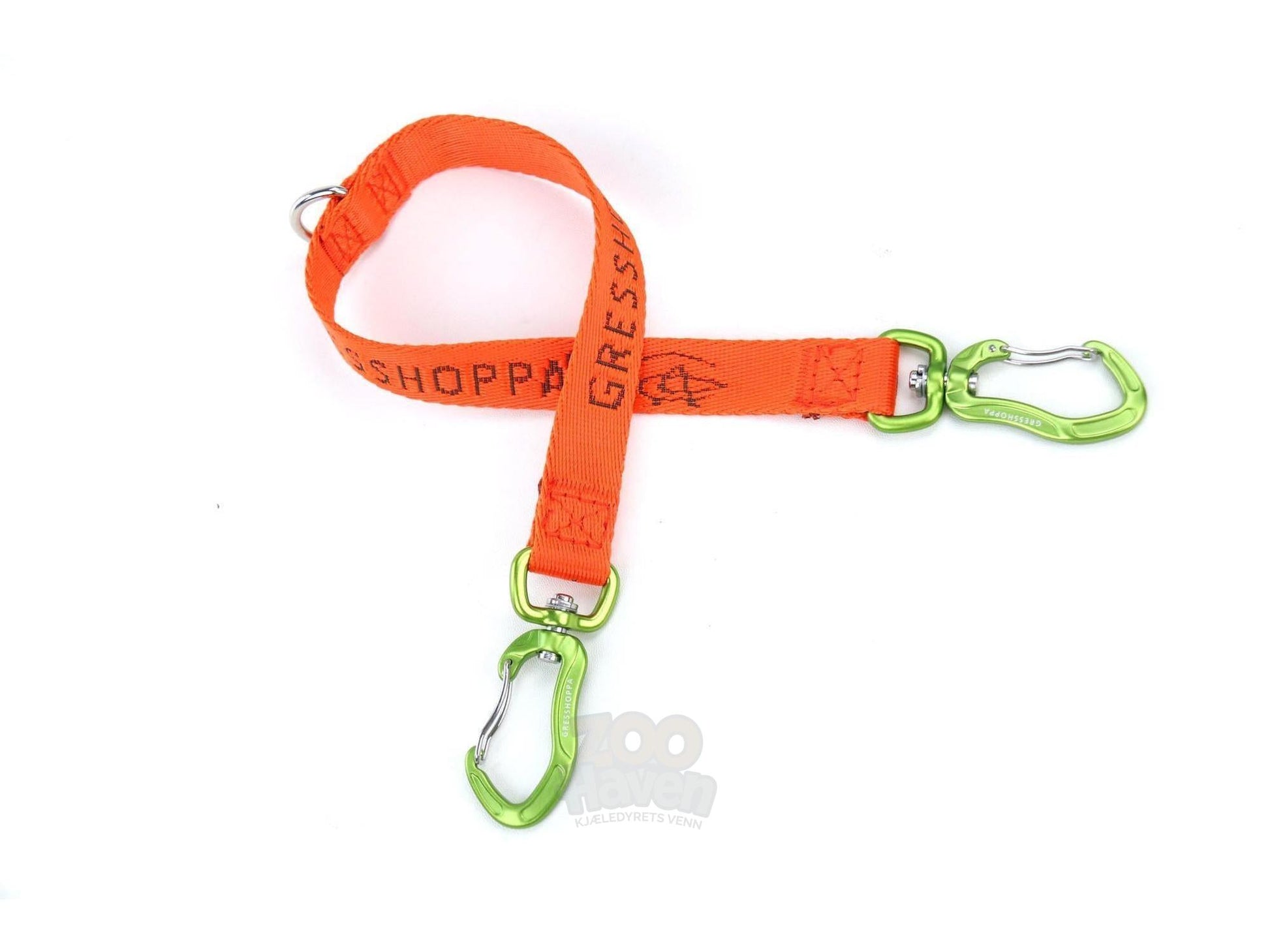 Oransje Verdal hanefot 20mm x 20cm med grønne karabinkroker og D-ring.