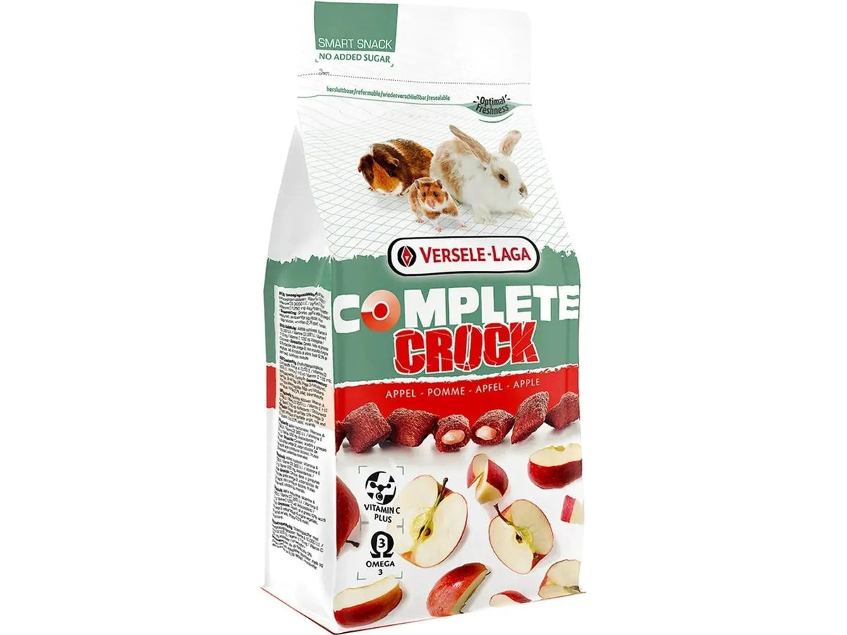 Versele-Laga Complete Crock Eple 50g pose med kanin, hamster, og eplefyll-snacks.