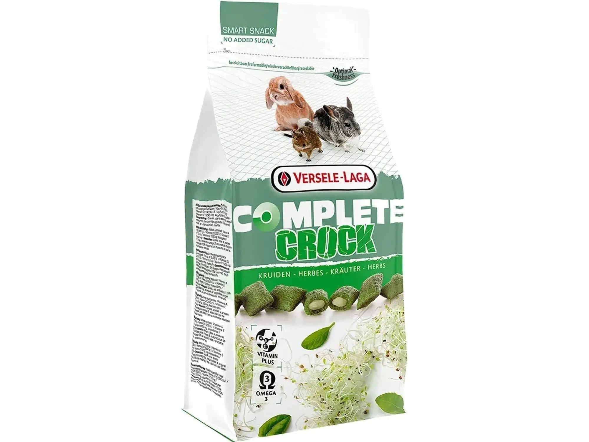 Versele-Laga Complete Crock Urter snack for gnagere, hvit og grønn pose med puffede godbiter og dyr.