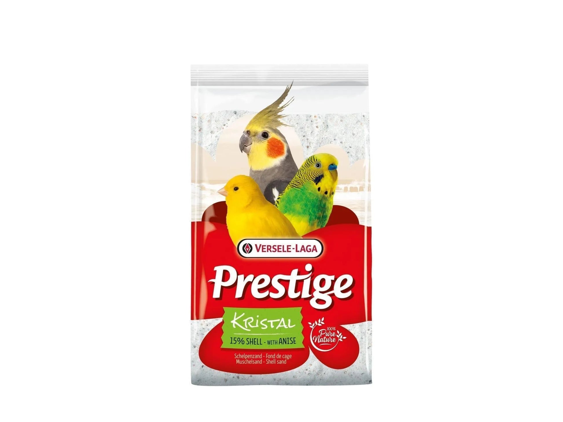 Versele Laga Prestige Kristal 5kg hvit fuglesand med skjell og anis, med bilde av fugler.