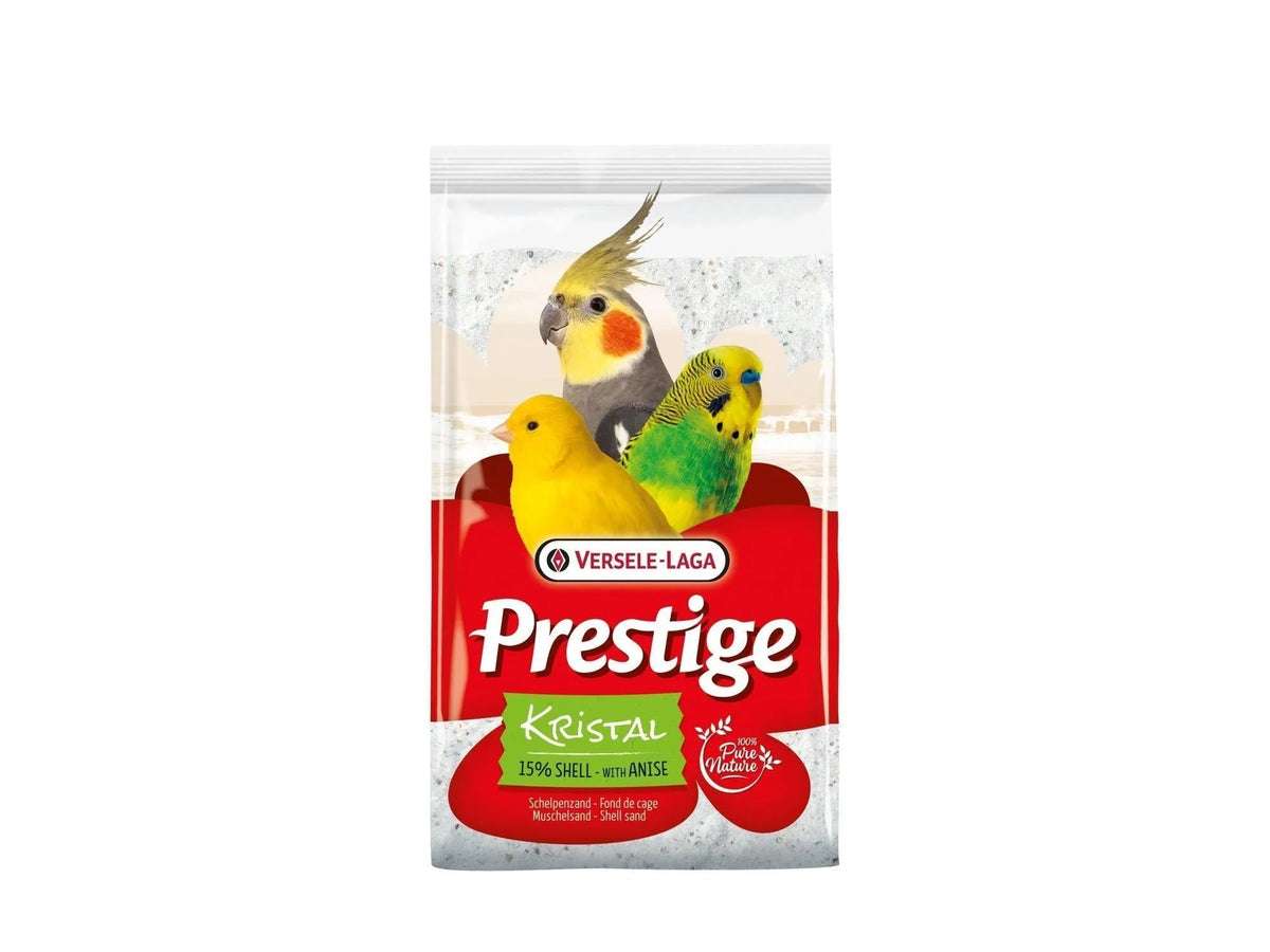 Versele Laga Prestige Kristal 5kg hvit fuglesand med skjell og anis, med bilde av fugler.