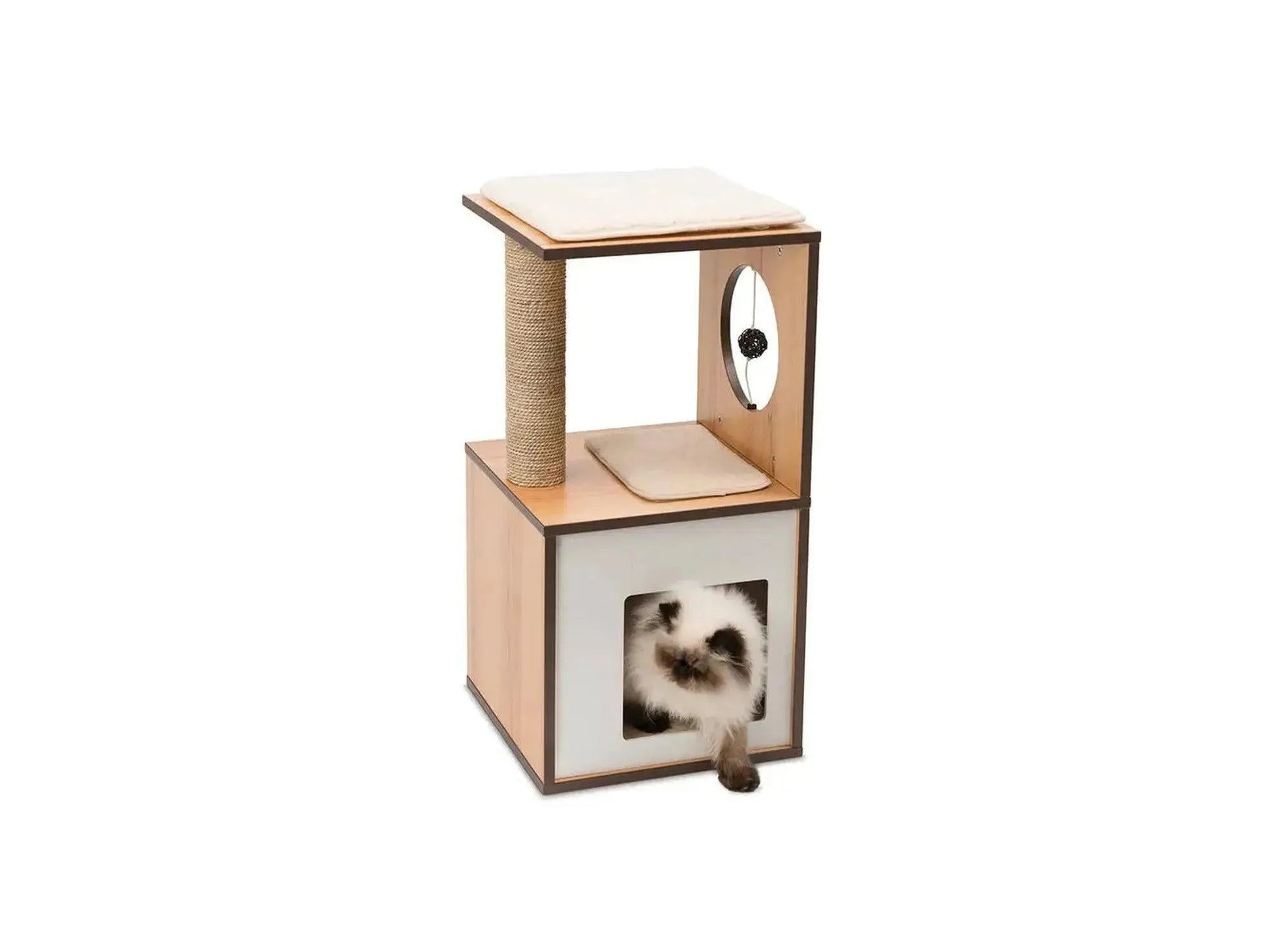 Vesper V-Box Small Walnut kattemøbel med hule, klorestolpe og liggeflater, en katt titter ut.