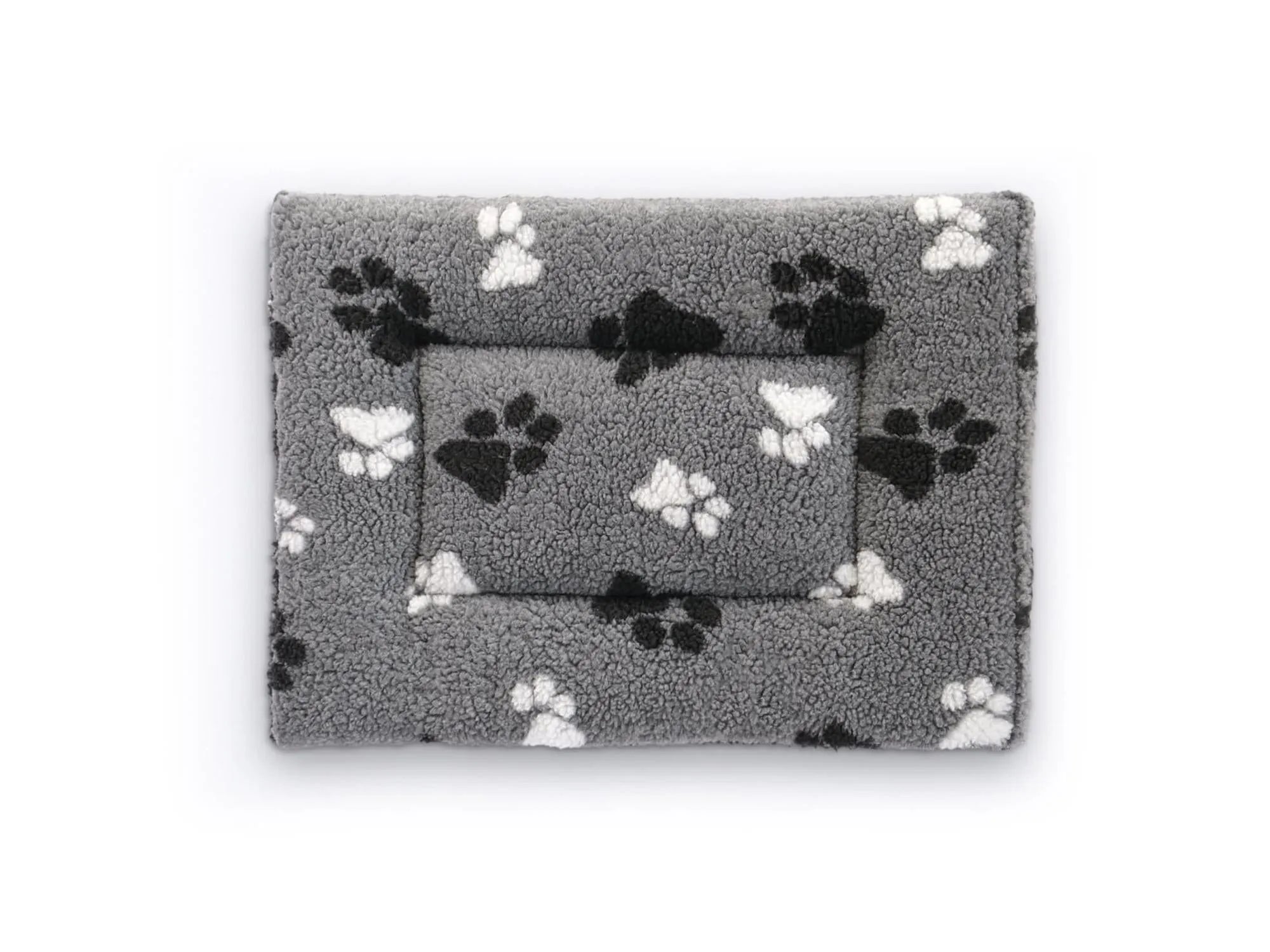 VetBed Burmatte Fleece Soft i grå med sorte og hvite poter, tilpasset standard bur.