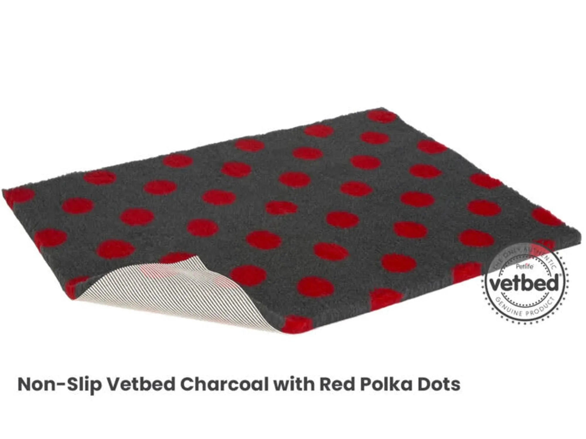 VetBed Nonslip liggematte med røde prikker på charcoal bunn.