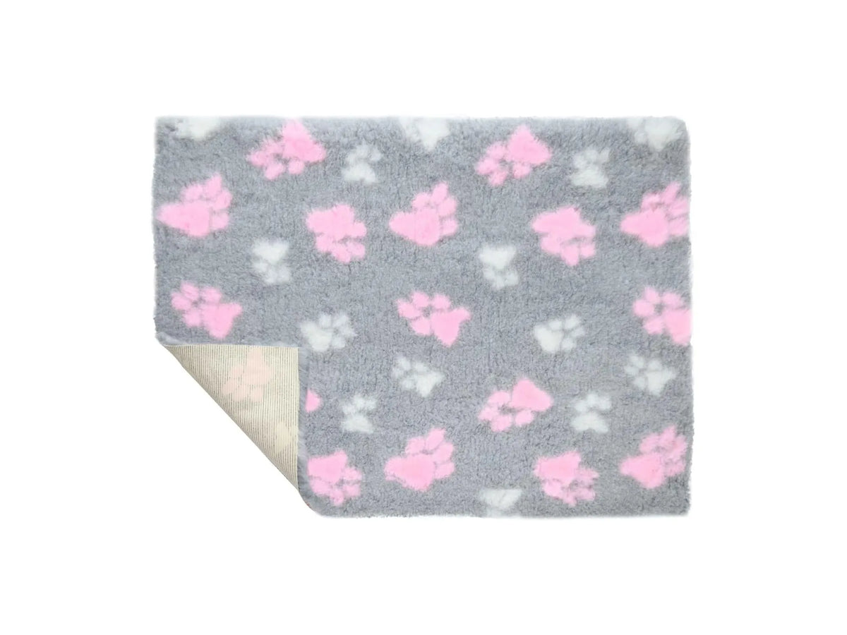 VetBed Nonslip Duo Paw liggematte med rosa og hvite poter på grå bunn.