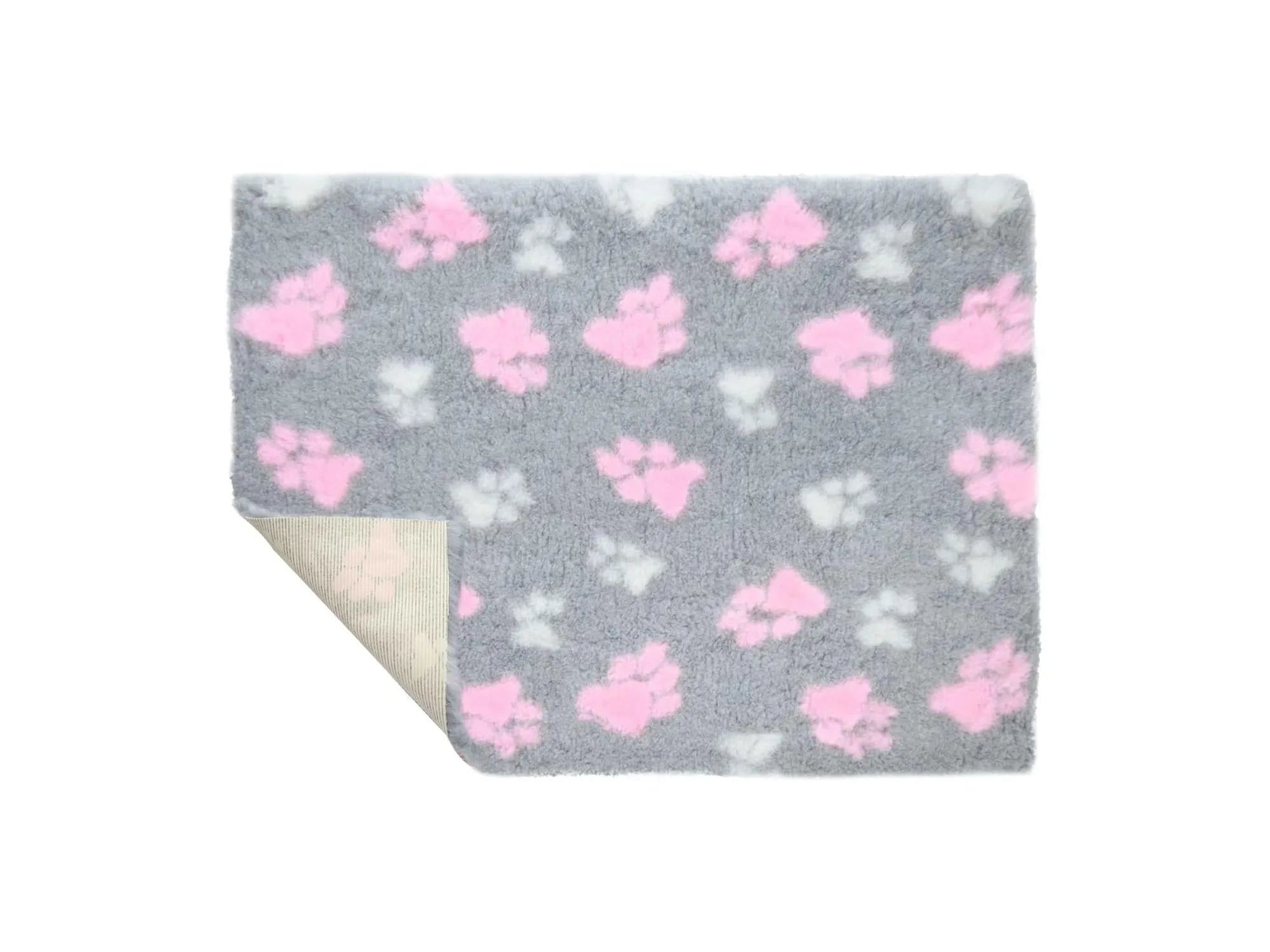 VetBed Nonslip Duo Paw liggematte med rosa og hvite poter på grå bunn.