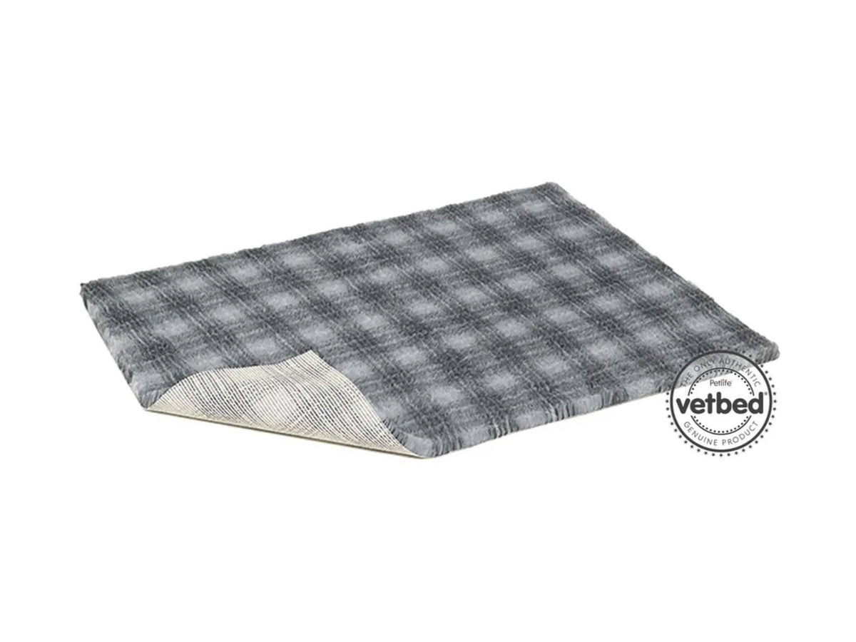 VetBed Nonslip liggematte med grått tartanmønster.