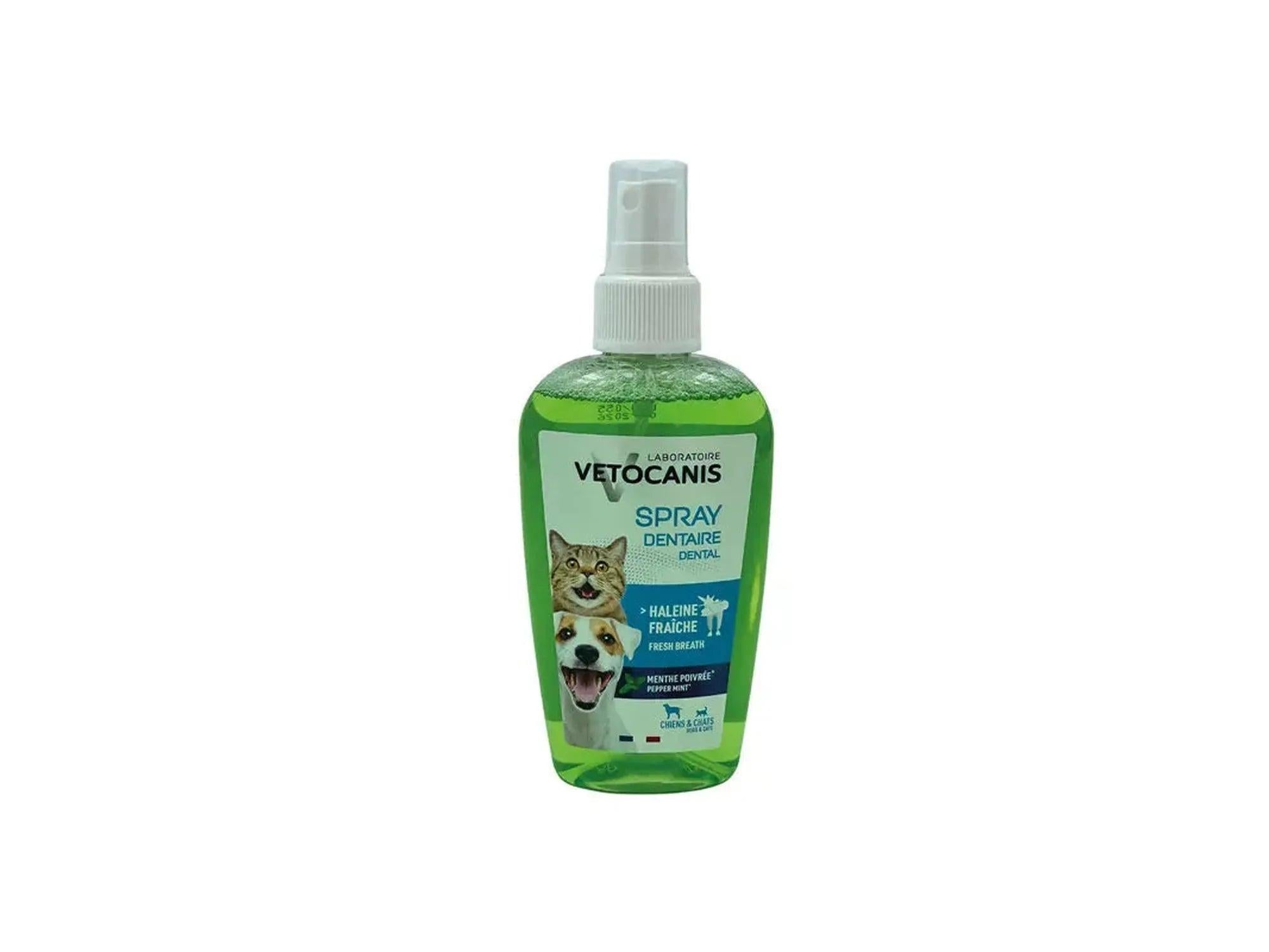 Grønn Vetocanis munnspray for hund og katt, 150ml, med hvit pumpe og etikett.