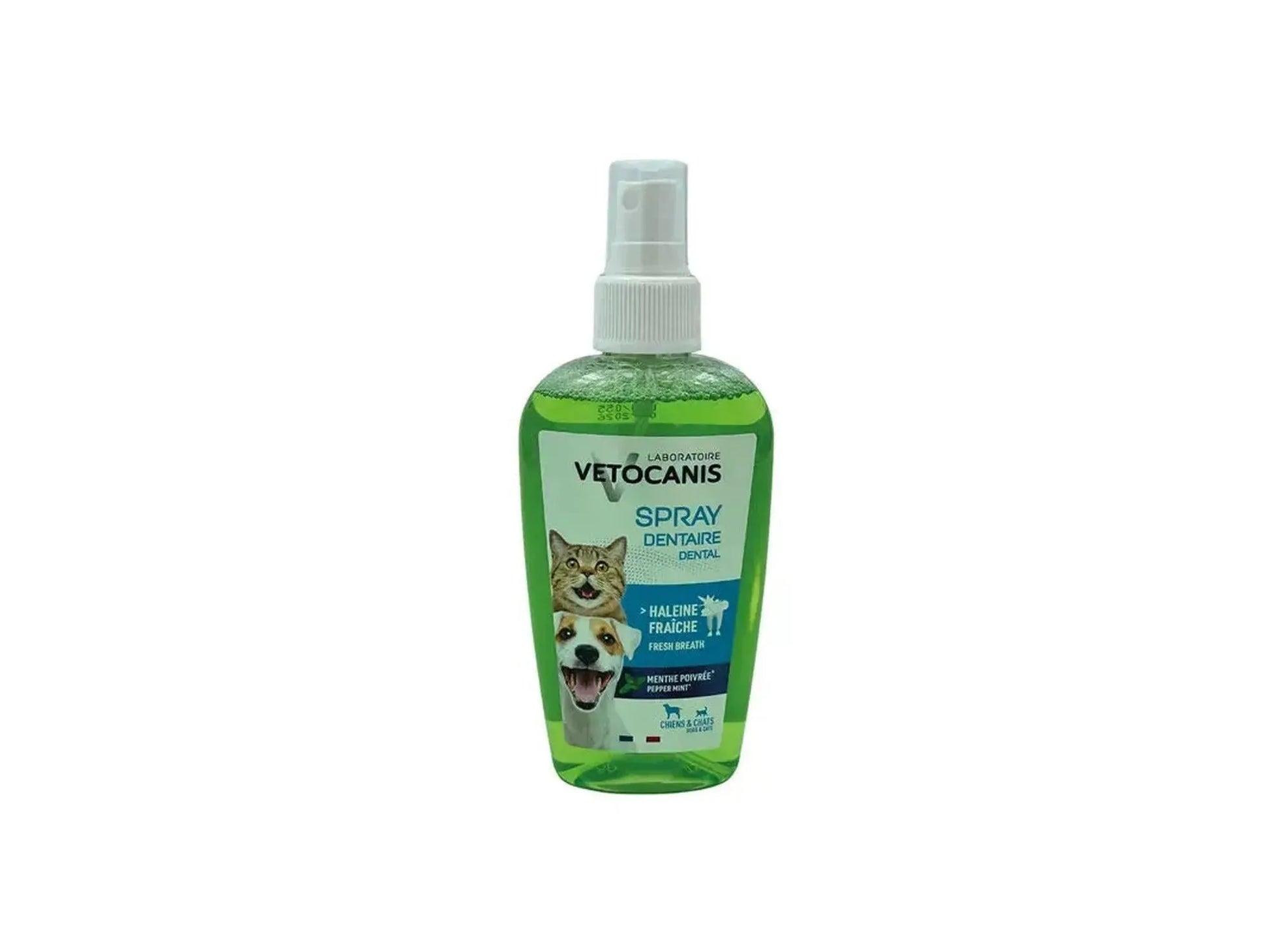 Grønn Vetocanis munnspray for hund og katt, 150ml, med hvit pumpe og etikett.