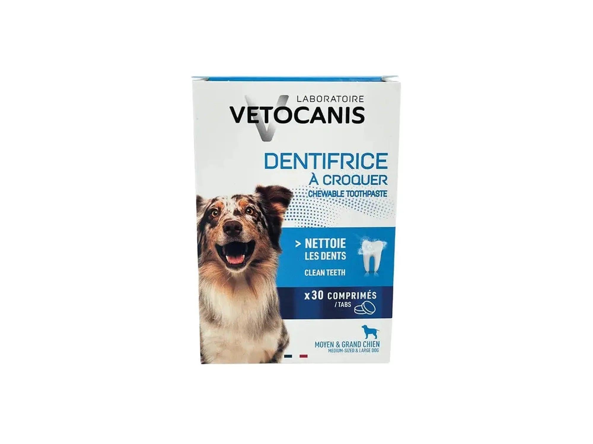 Hvit Vetocanis Dentifrice à Croquer eske med bilde av en hund og 30 tyggetabletter.