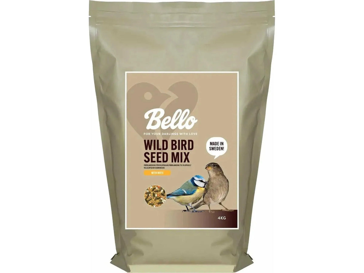 Bello Wild Bird Seed Mix with Nuts, 4kg bag, featuring two birds and a seed pile.