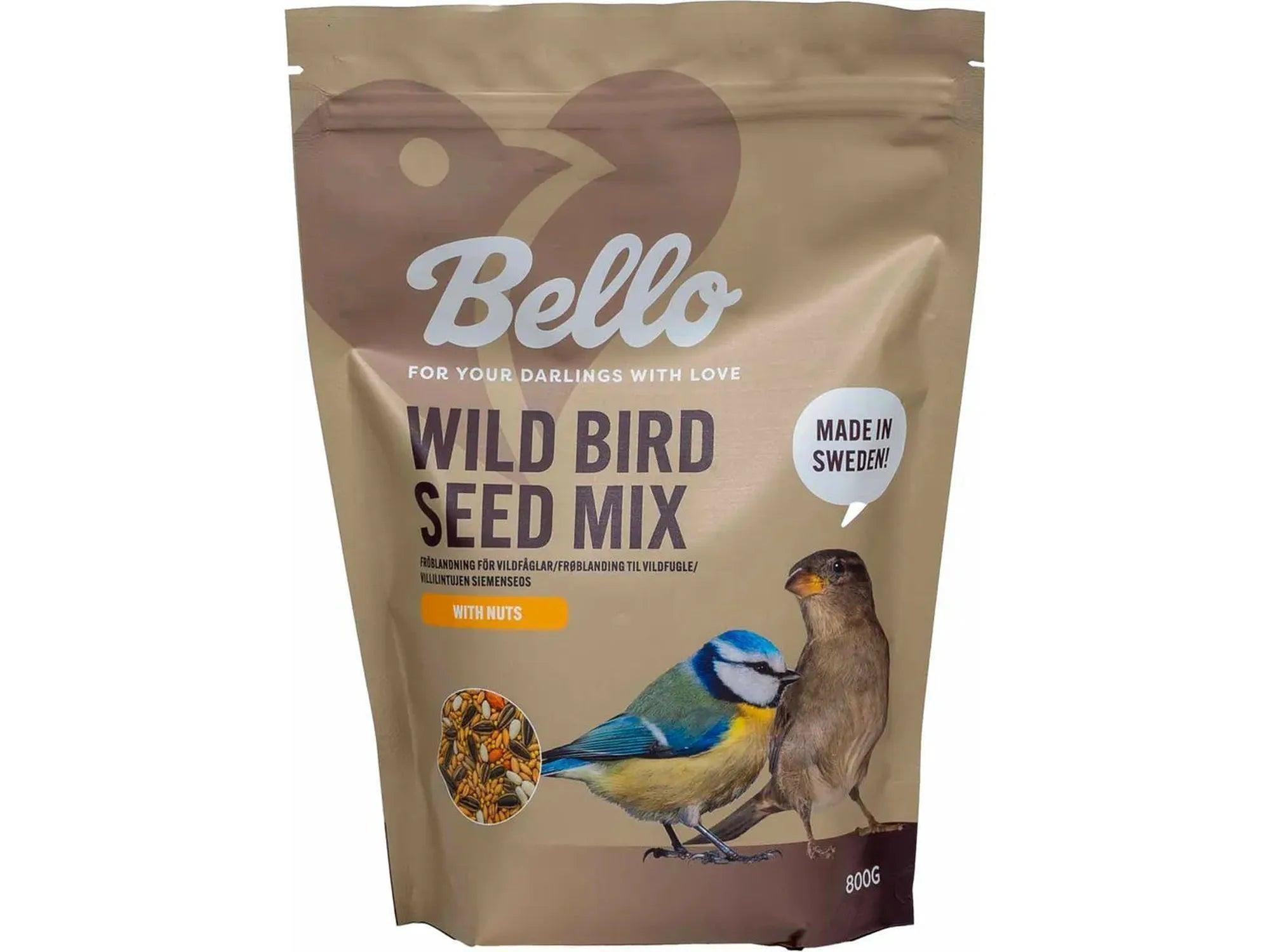 Bello Wild Bird Seed Mix with Nuts, 800g, in a brown pouch with a blue tit and sparrow.