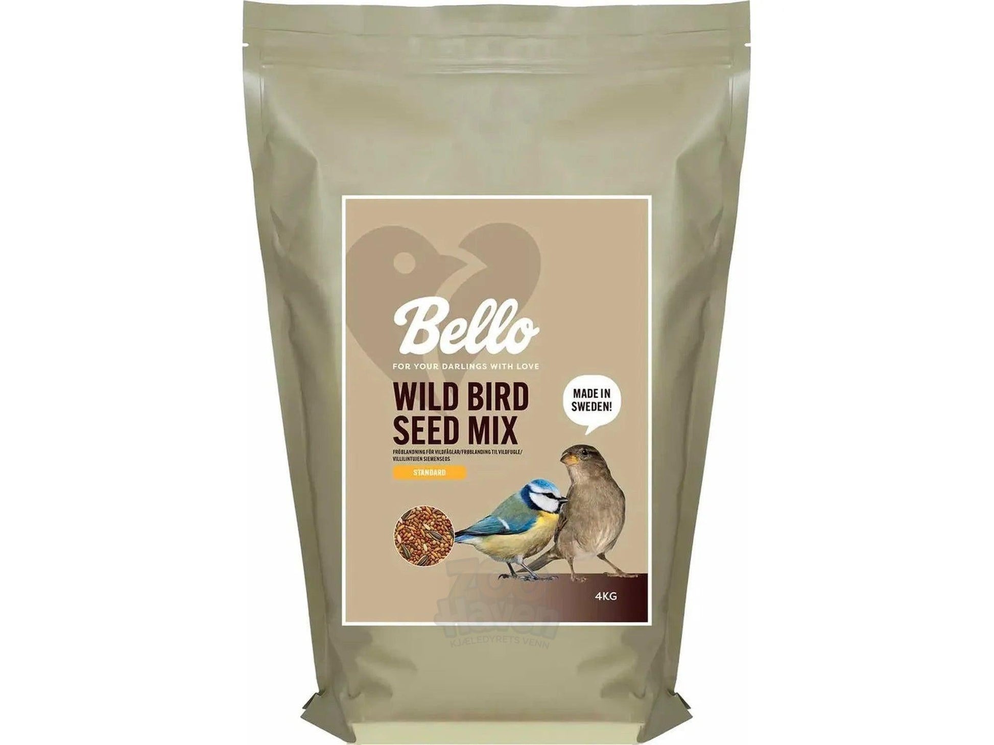 Bello Wild Bird Seed Mix Standard 4kg pose med fuglefrø, illustrert med blåmeis og spurv.