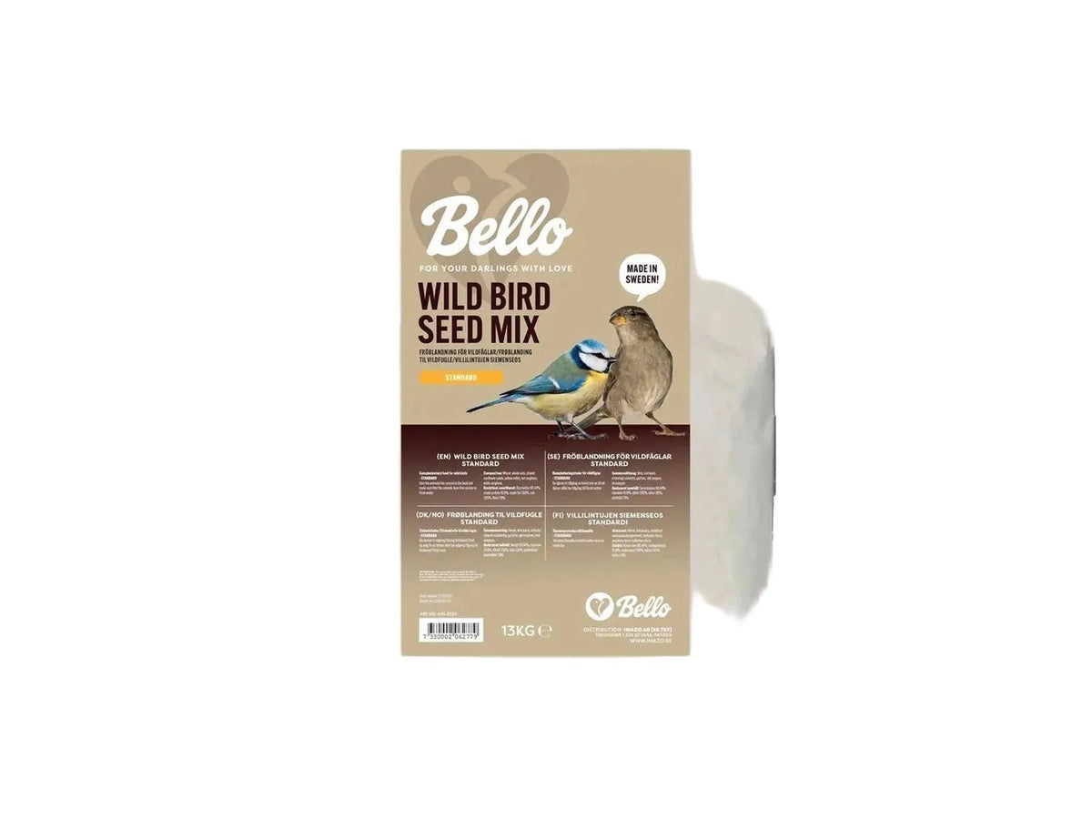 Stor hvit pose med Bello Wild Bird Seed Mix Standard, 13kg, med bilde av en blåmeis og spurv.