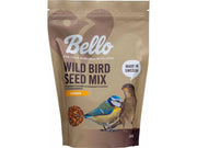 Bello Wild Bird Seed Mix Standard i brun pose med to fugler og frøprøve.