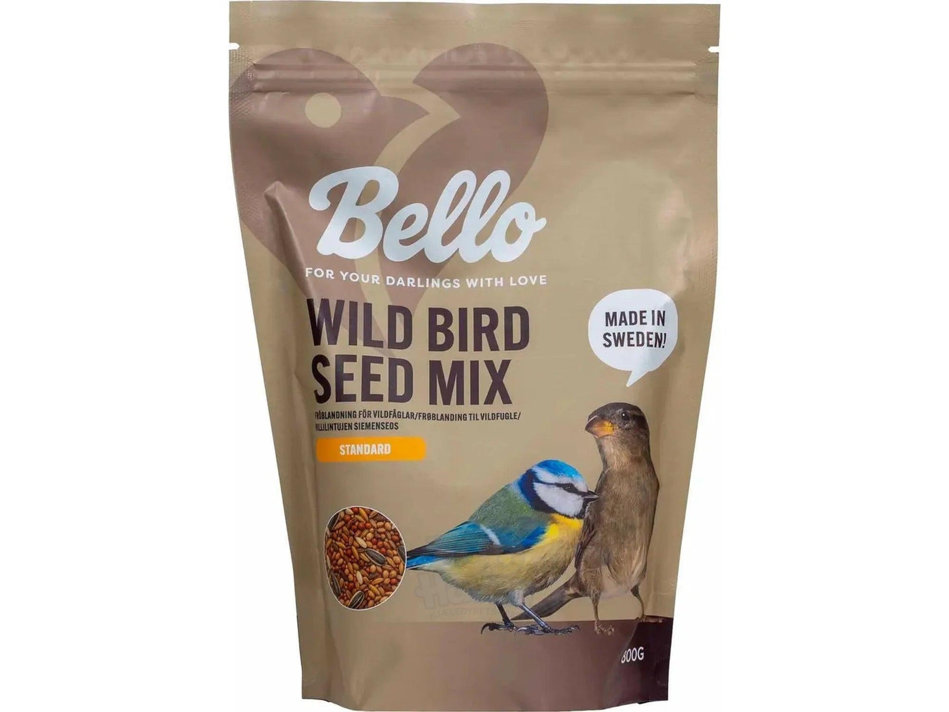 Bello Wild Bird Seed Mix Standard i brun pose med to fugler og frøprøve.