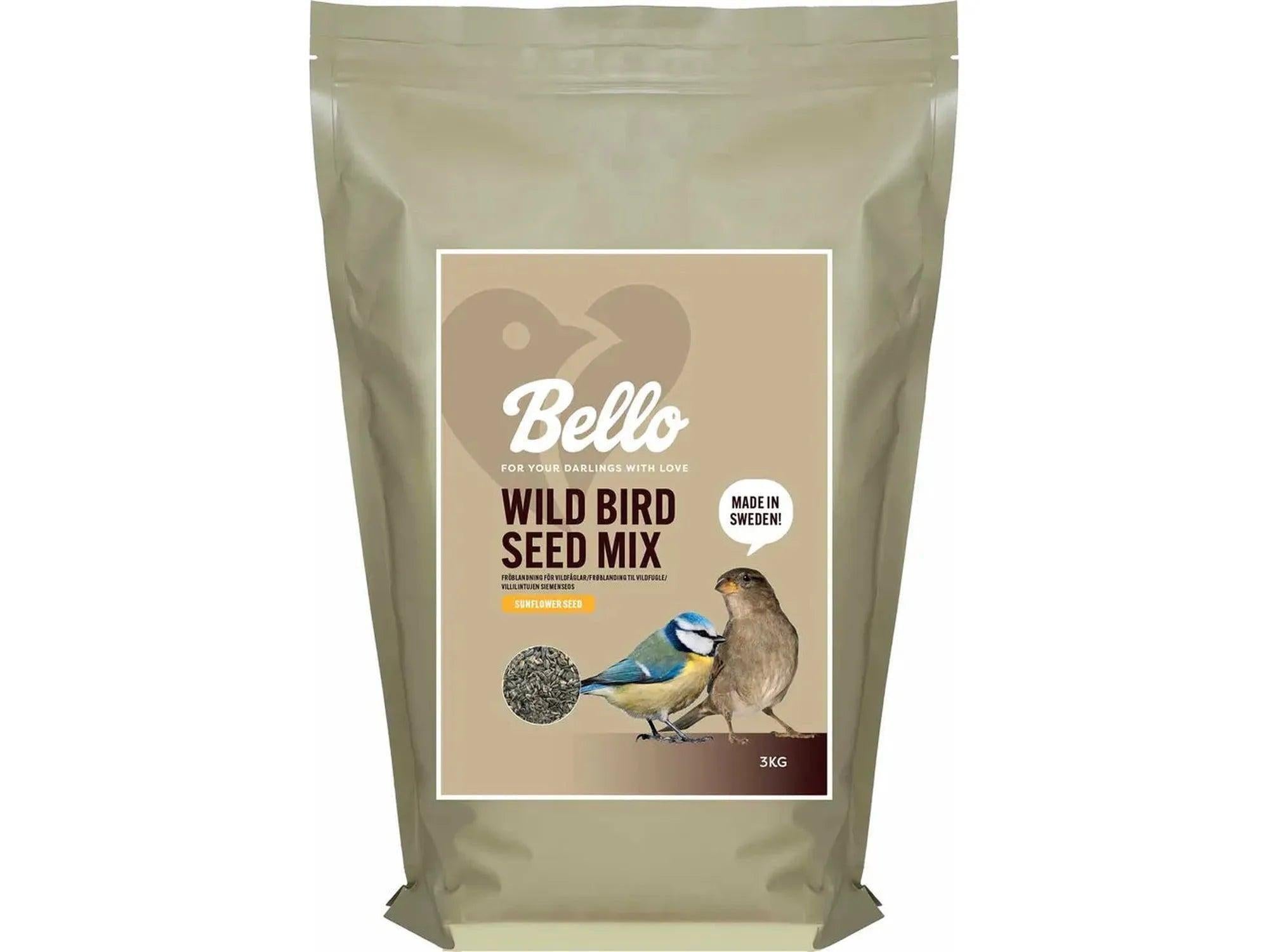 Bello Wild Bird Seed Mix, 3kg pose med solsikkefrø, viser blåmeis og spurv.