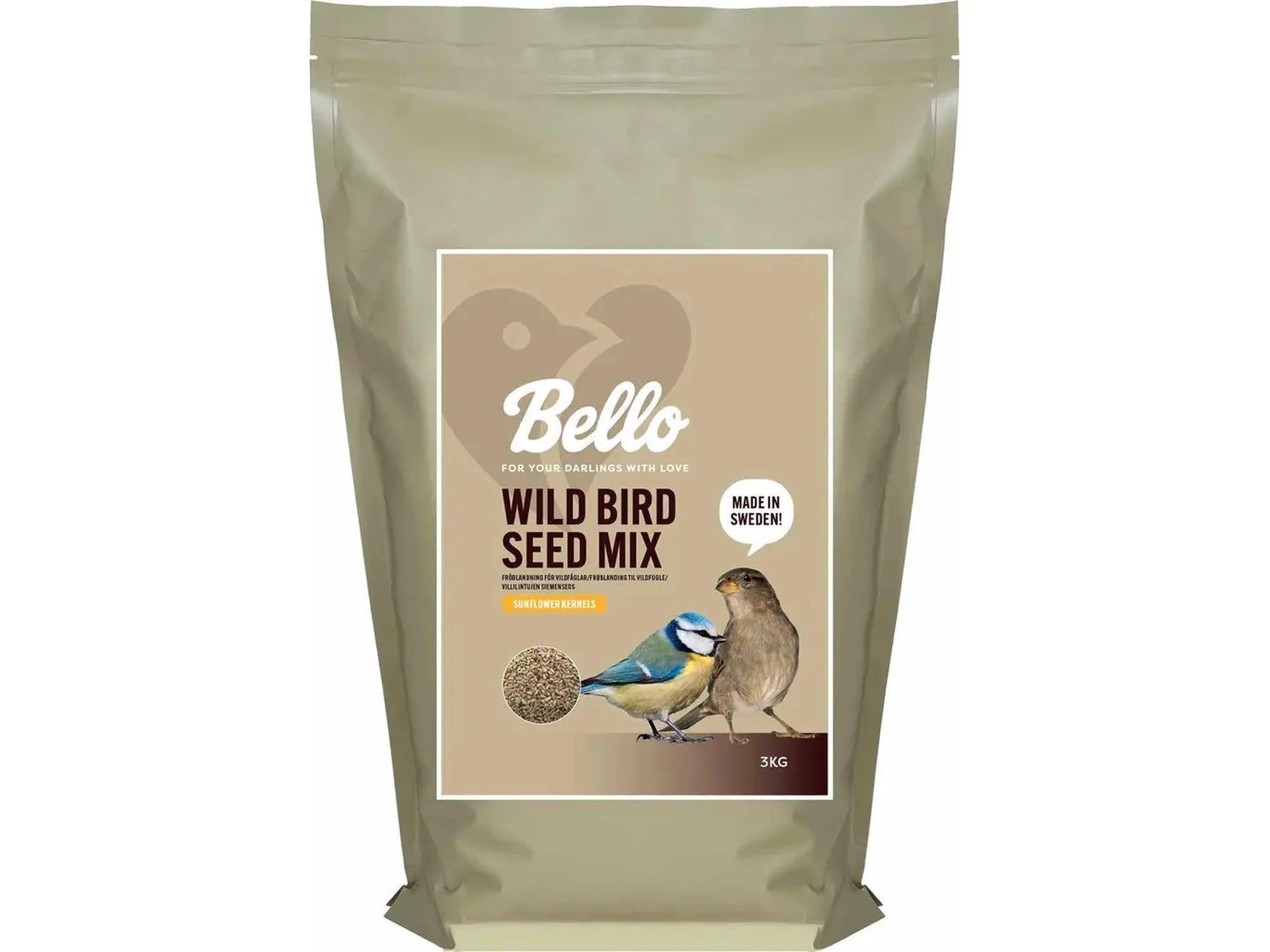 Bello Wild Bird Seed Mix 3kg bag with a blue tit and sparrow, showing sunflower kernels.