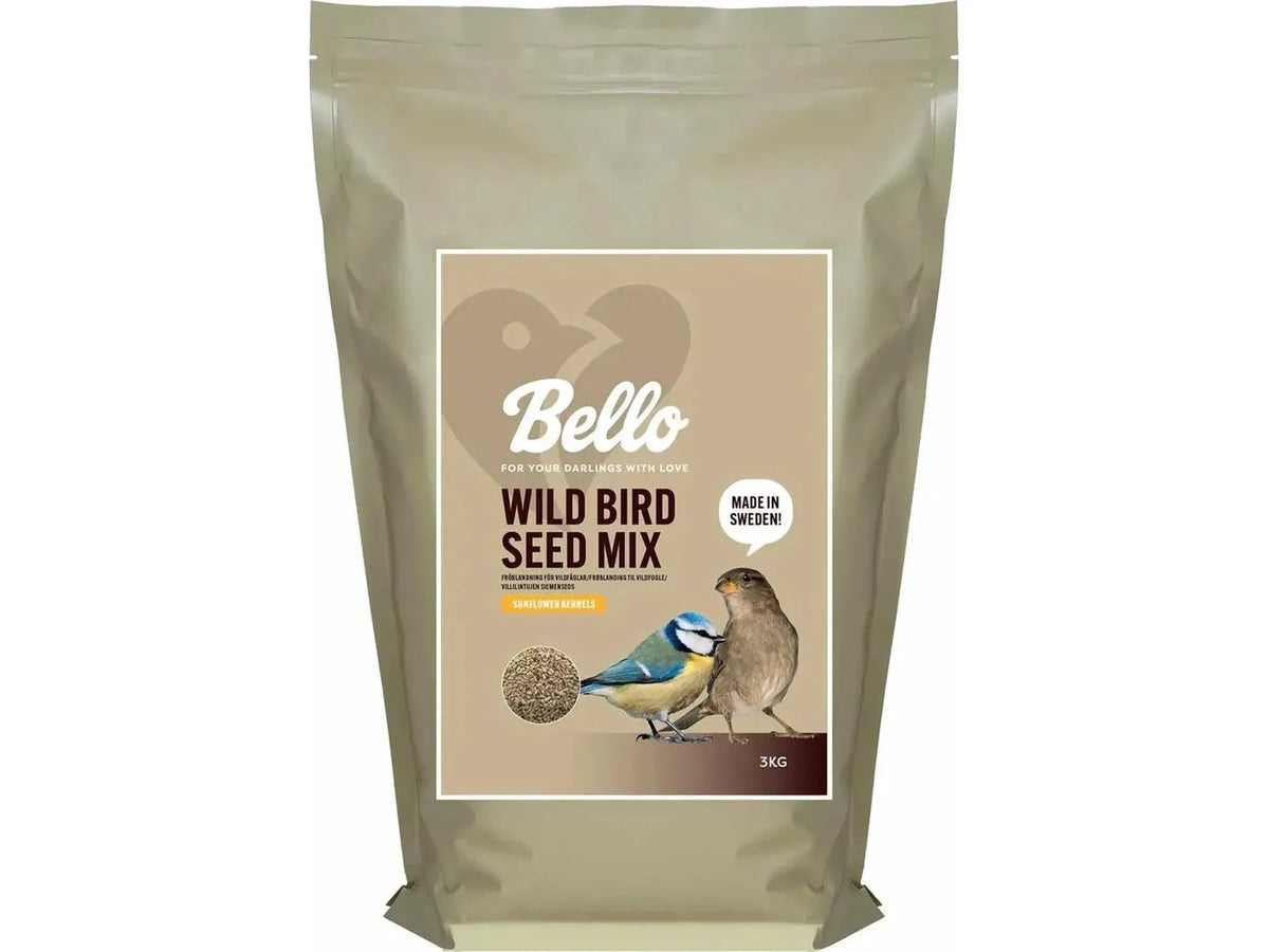 Bello Wild Bird Seed Mix 3kg bag with a blue tit and sparrow, showing sunflower kernels.