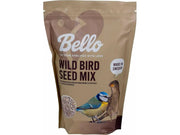 Bello Wild Bird Seed Mix, brun pose med blåmeis og spurv, viser solsikkefrø.