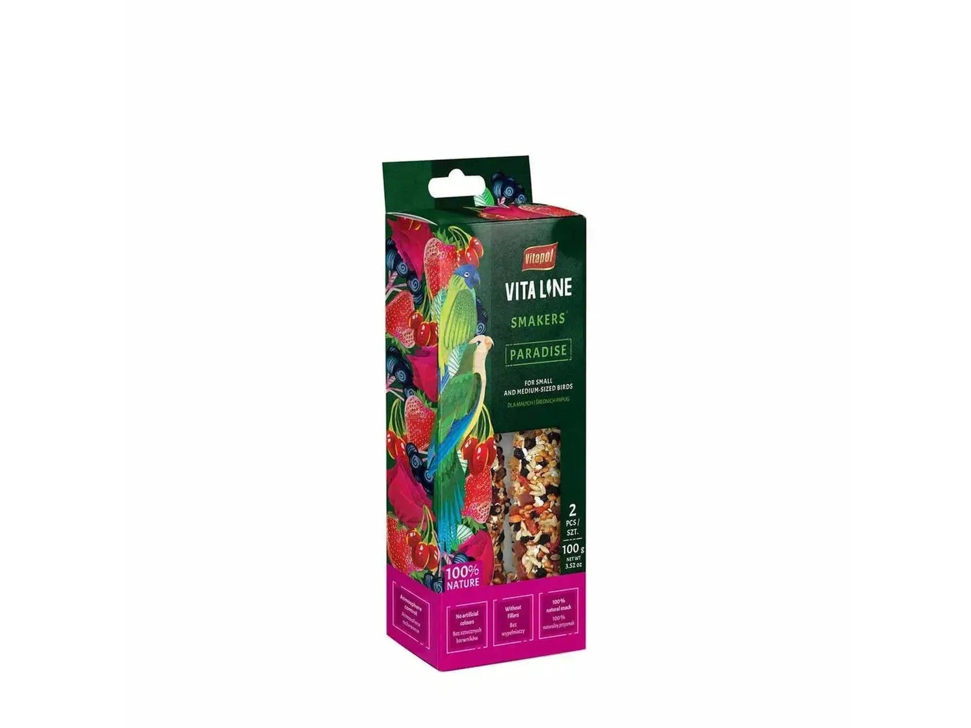 Grønn og rød Vita Line Smakers Paradise fuglesnack-pakke med to fruktstenger, 100g.