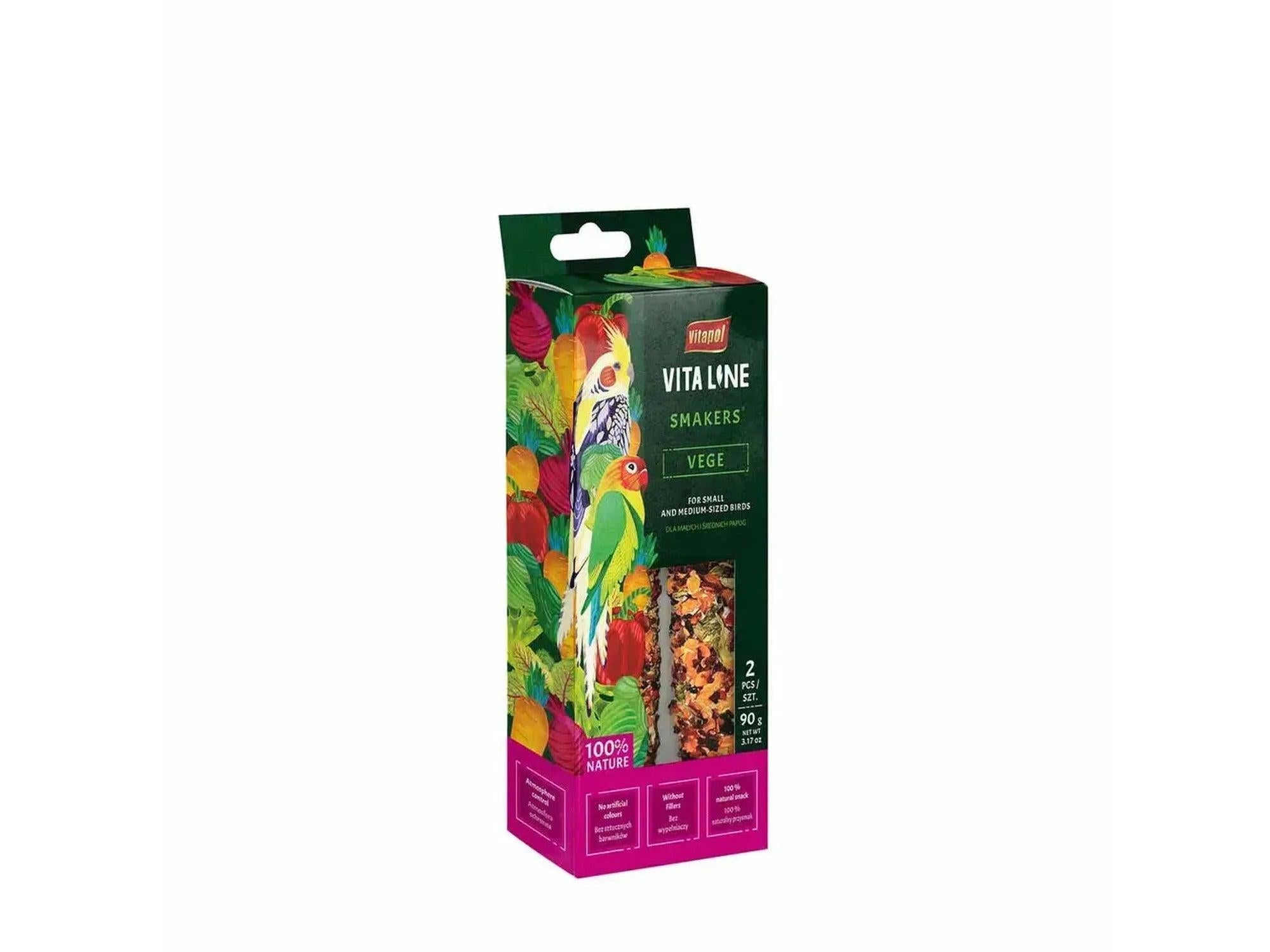 Vita Line Smakers Vege 90g fuglesnacks med grønnsaker, to pinner i fargerik eske.