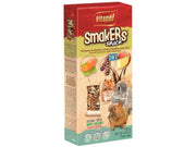 Vitapol Smakers 3in1 gnagersnacks med frukt, grønnsaker og johannesbrød i rød og beige emballasje.
