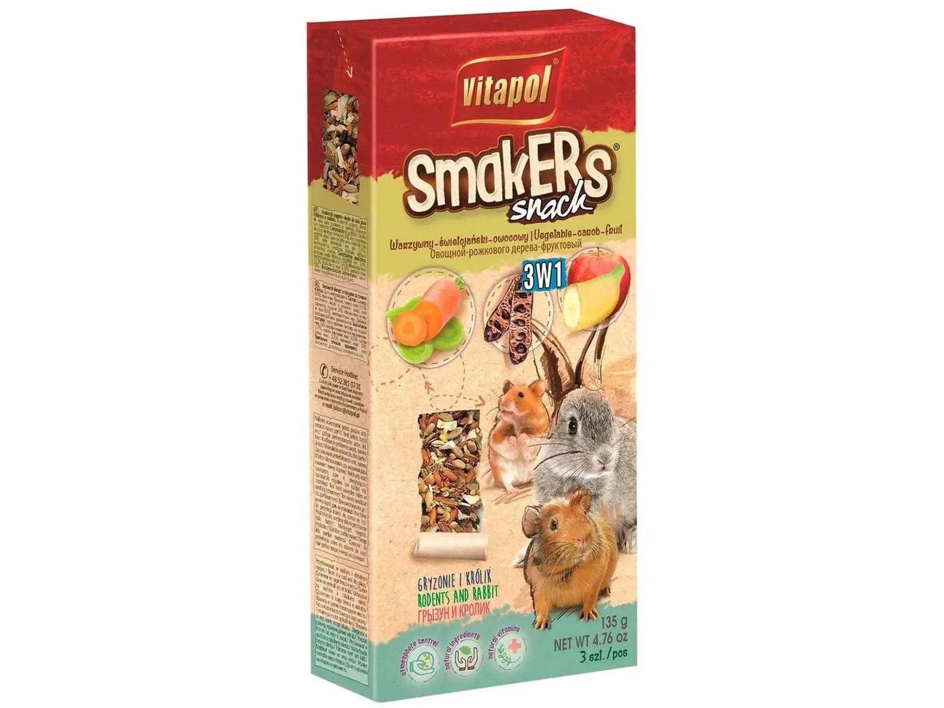 Vitapol Smakers 3in1 gnagersnacks med frukt, grønnsaker og johannesbrød i rød og beige emballasje.