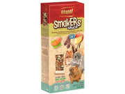 Vitapol Smakers 3in1 gnagersnacks med frukt, grønnsaker og johannesbrød i rød og beige emballasje.