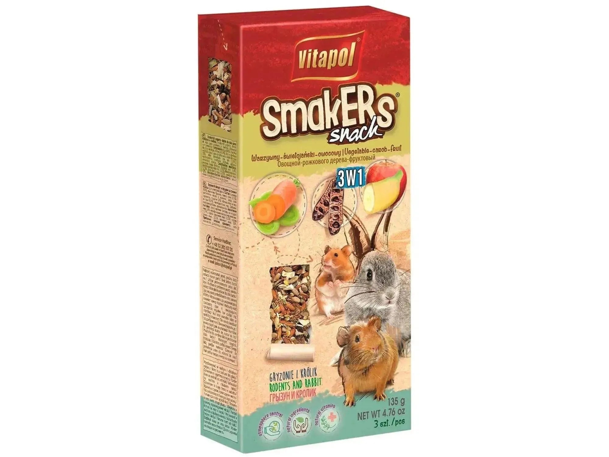 Vitapol Smakers 3in1 gnagersnacks med frukt, grønnsaker og johannesbrød i rød og beige emballasje.