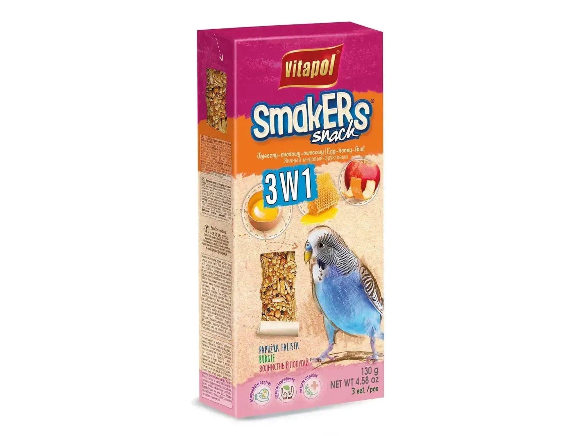 Vitapol Smakers Undulat 3in1 130g fuglesnacks med egg, honning og frukt, vist i rosa og beige pakke.