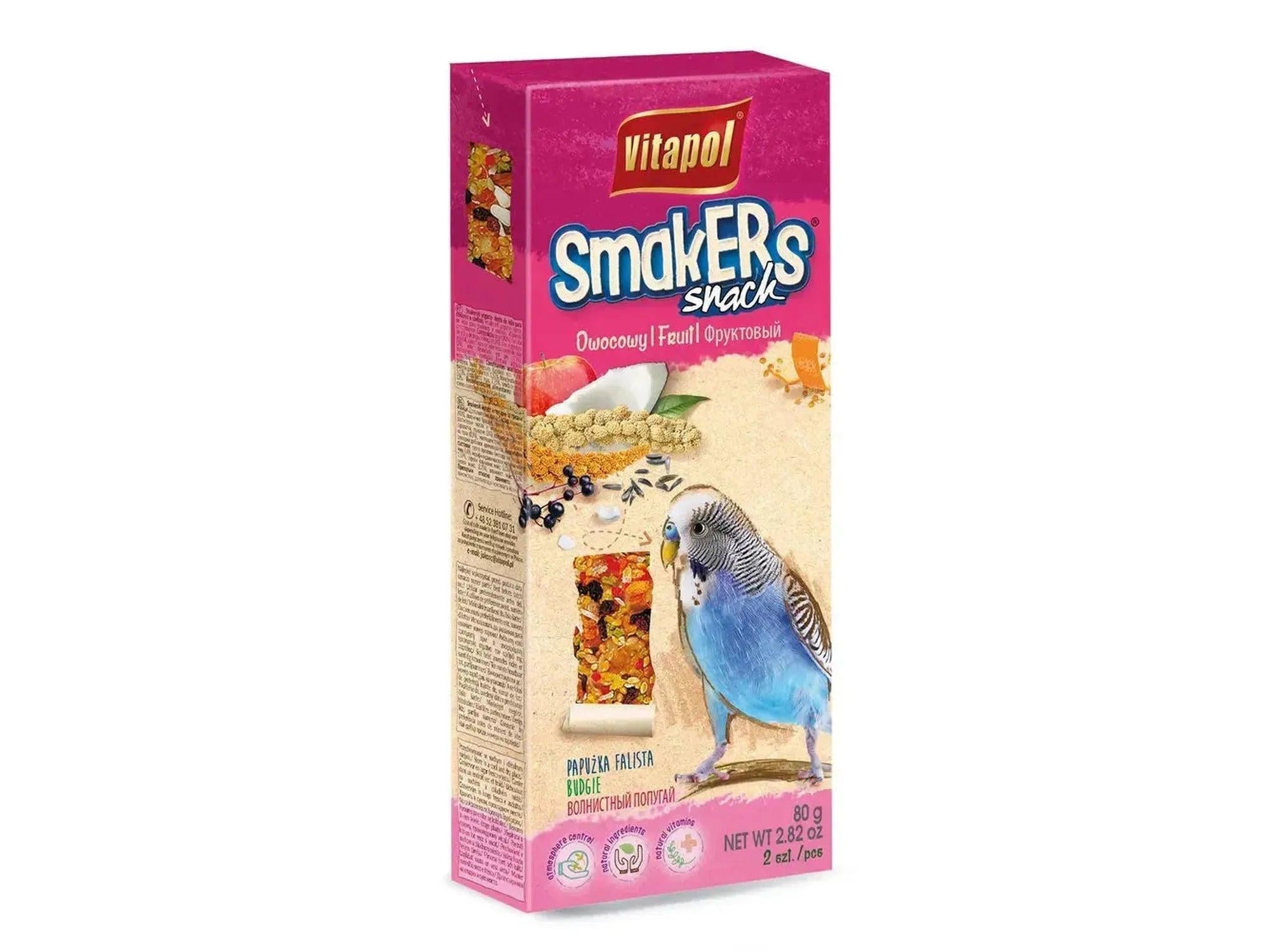 Vitapol Smakers Undulat Frukt 90g snack i rosa og beige emballasje med bilde av undulat.