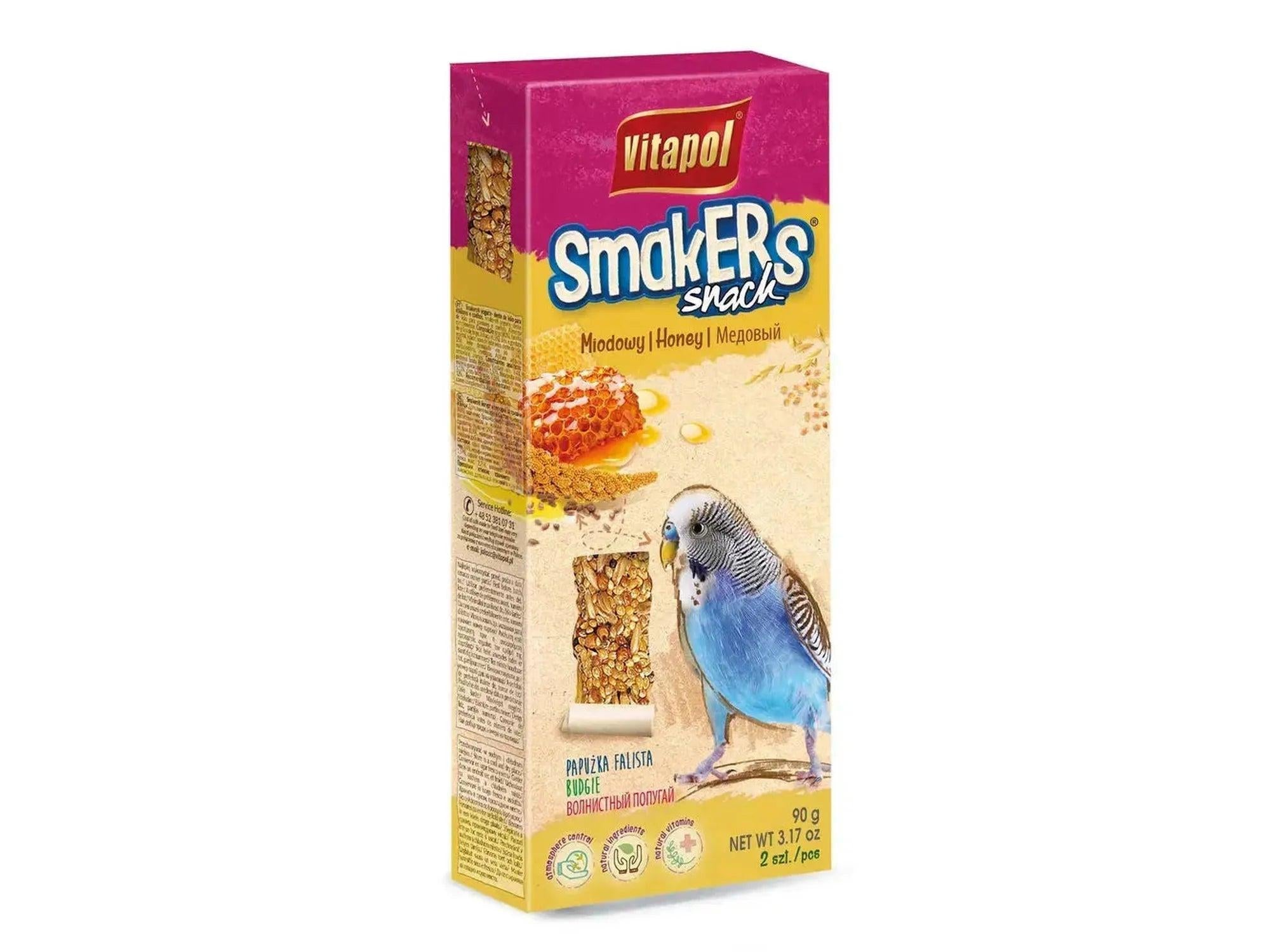 Vitapol Smakers Undulat Honning 90g snackpakke med blå undulat, honning og korn.
