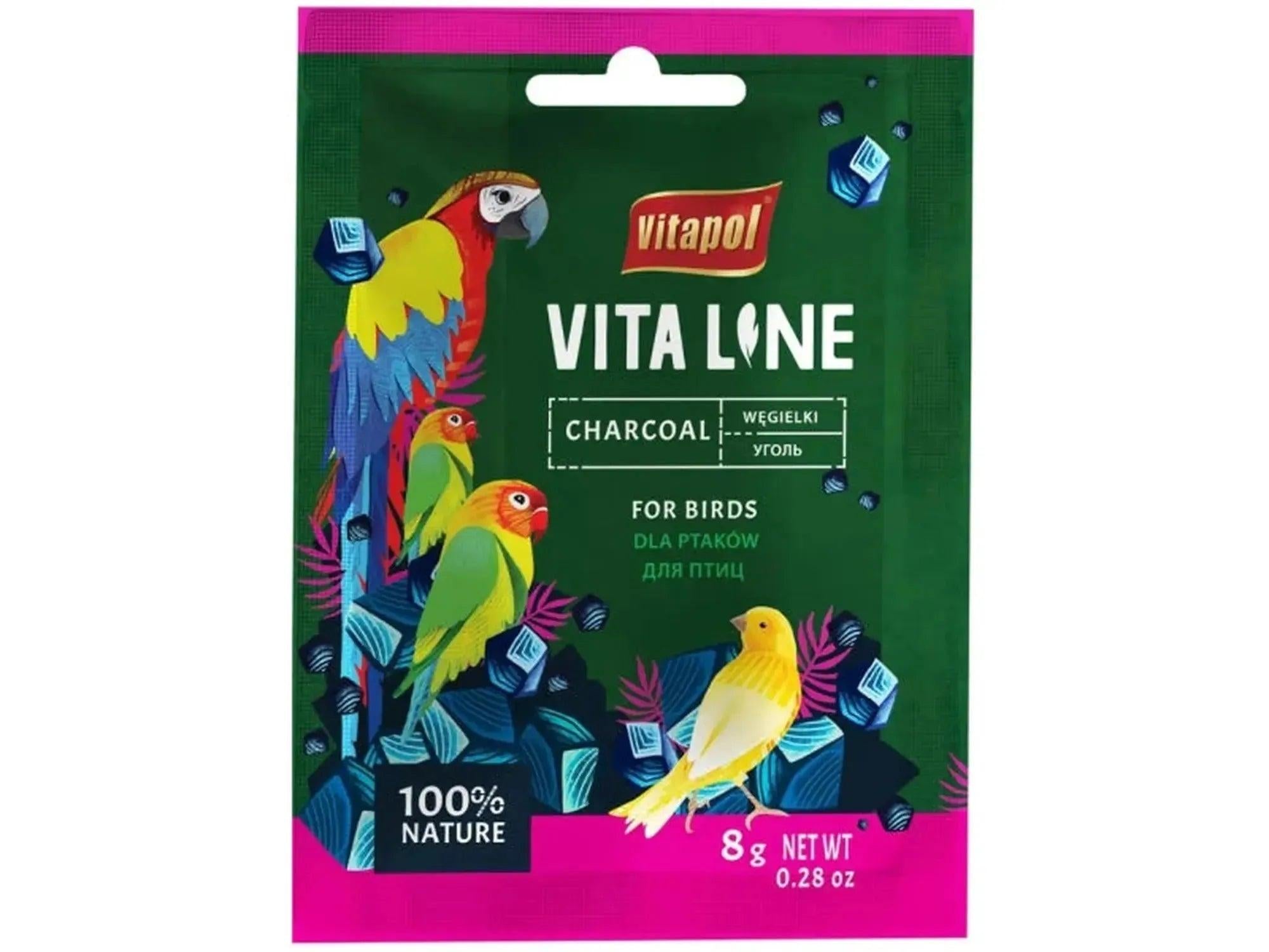 Grønn og rosa Vitapol Vitaline kullpakke for undulat, med fargerike fugler og blå krystaller.