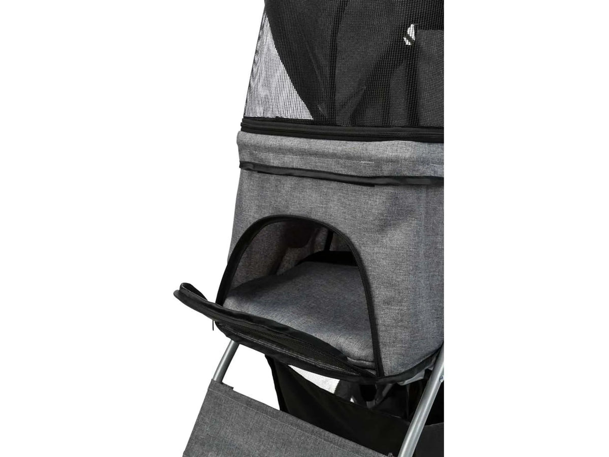 Grå Trixie Buggy for kjæledyr, sammenleggbar med nettingvindu og oppbevaringsrom.