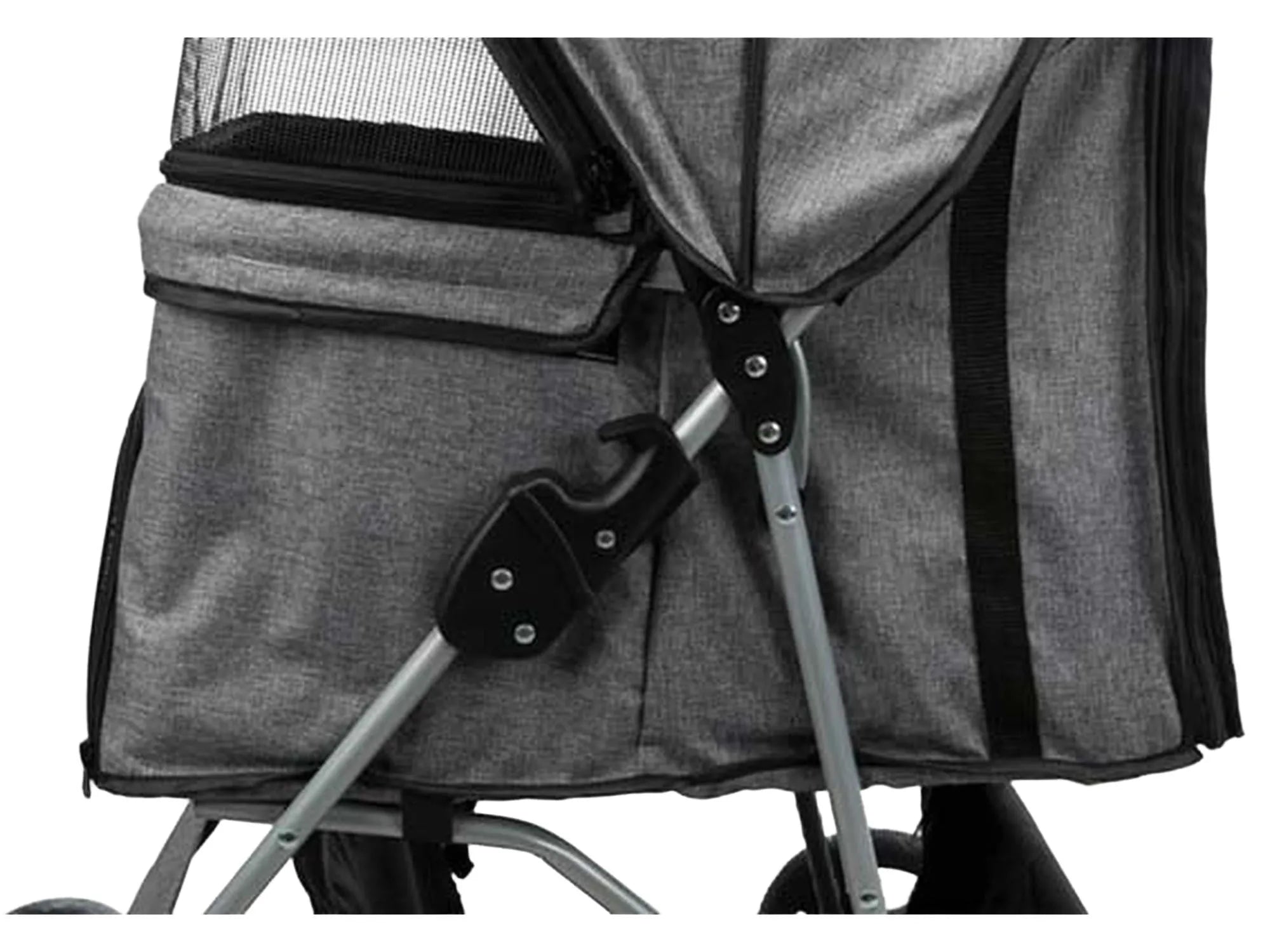 Grå Trixie Buggy for kjæledyr, sammenleggbar med nettingvindu og oppbevaringsrom.