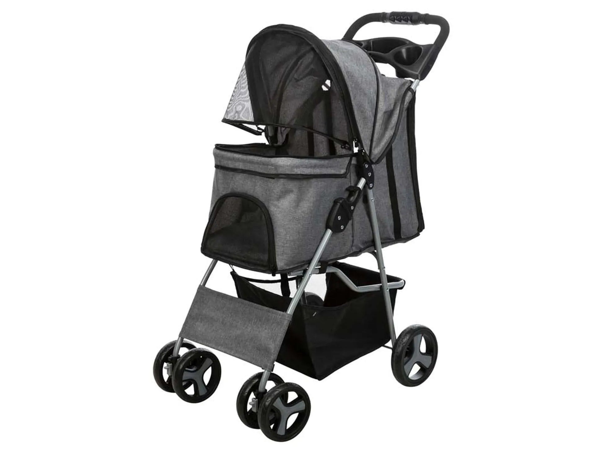 Grå Trixie Buggy kjæledyrvogn med nettingvinduer, sammenleggbar design og oppbevaringsrom.