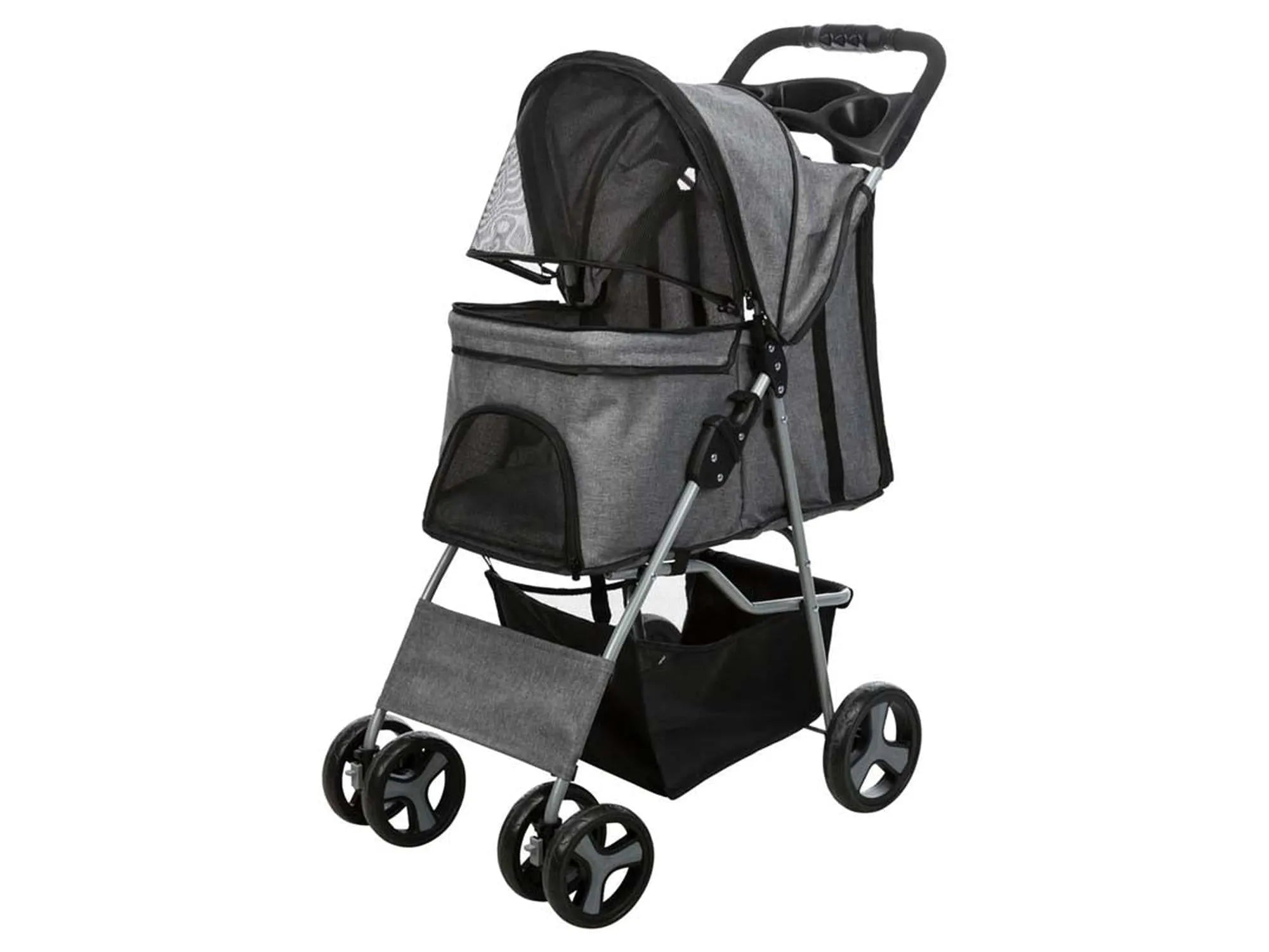 Grå Trixie Buggy kjæledyrvogn med nettingvinduer, sammenleggbar design og oppbevaringsrom.
