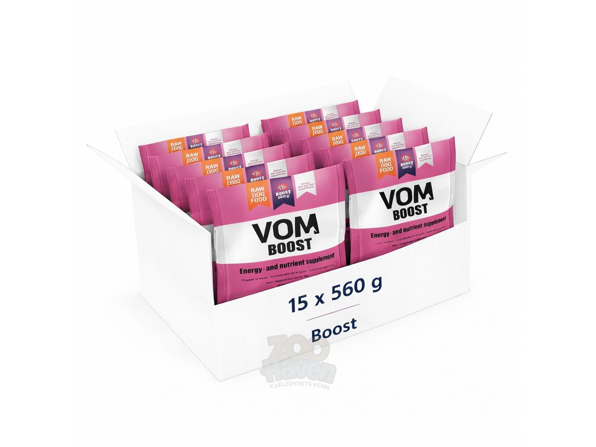 Hvit eske med 15 rosa VOM Boost energitilskuddspakker for hund, 560g hver.