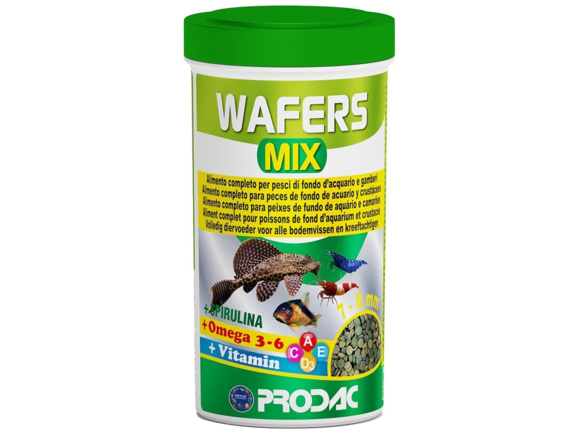 Prodac Wafers Mix fiskefôr i hvit beholder med grønt lokk, viser fisk og reker.